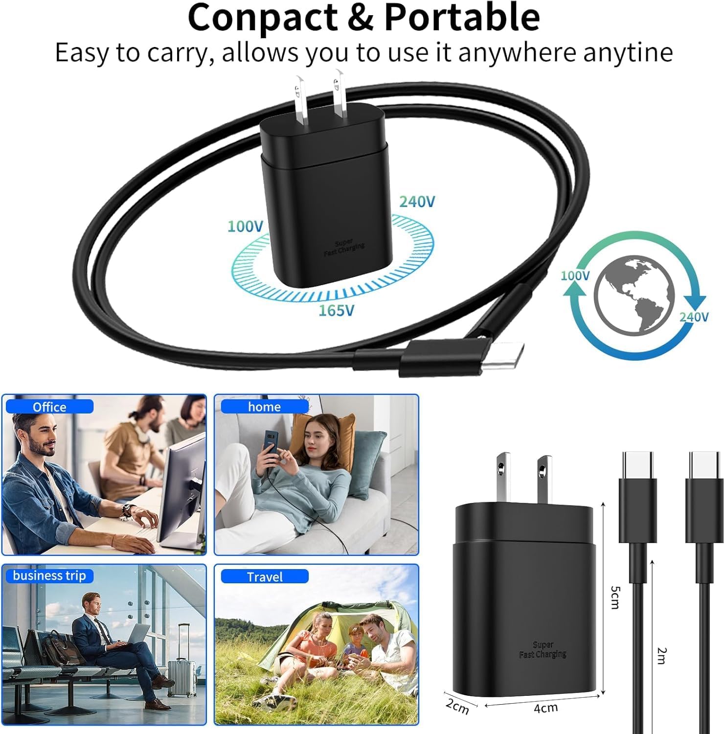 Detalle de 4Pack 25W USB-C Fast Charger with 2x6ft and 2x10ft C-to-C Cables