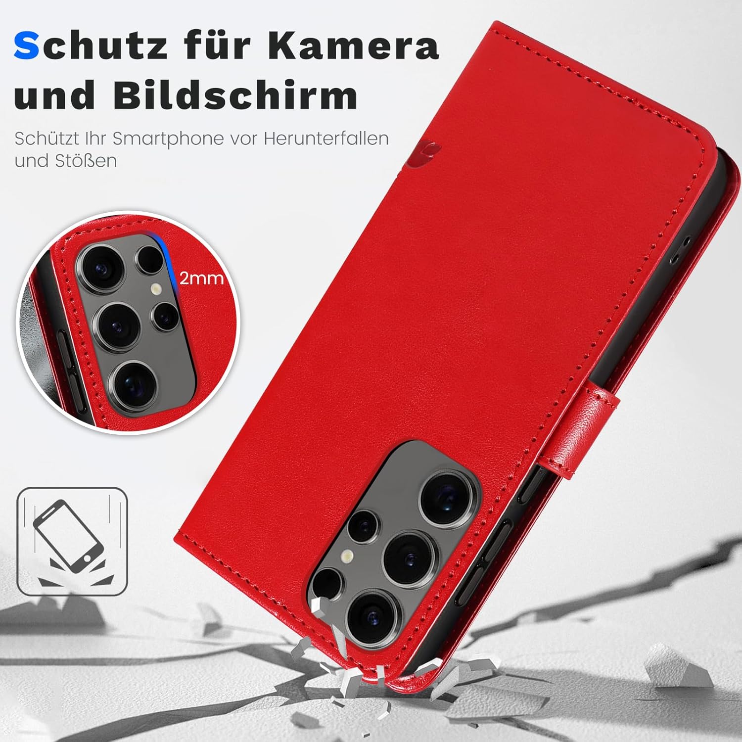 Thumbnail 5 de VANKI Lederhülle für Samsung Galaxy S25 Ultra – Flip Wallet mit Ständer, 3 Kartenfächer, Rot