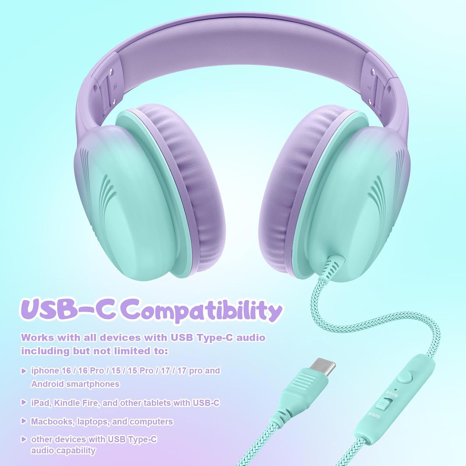 Thumbnail 6 de Voopwink USB Type-C Kids Headphones KH5 with Microphone — Safe Volume 85/94dB, 40mm Drivers, Durable Nylon Cord, Foldable Over-Ear for School and Travel (Green Violet)