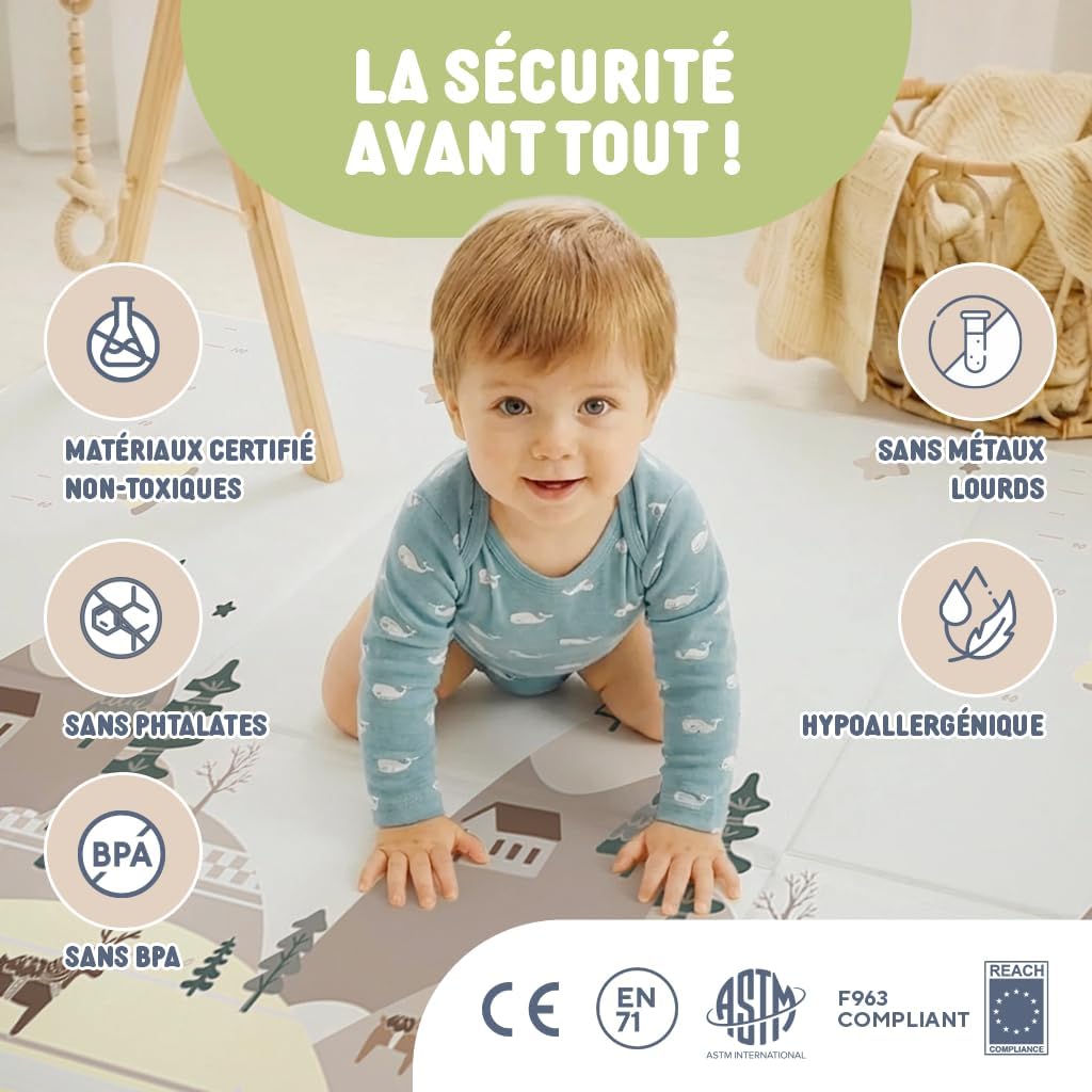 Detalle de Treelys Quiet Town — Tapis d'éveil et de jeux pliable 150x200 cm, réversible et certifié EN71