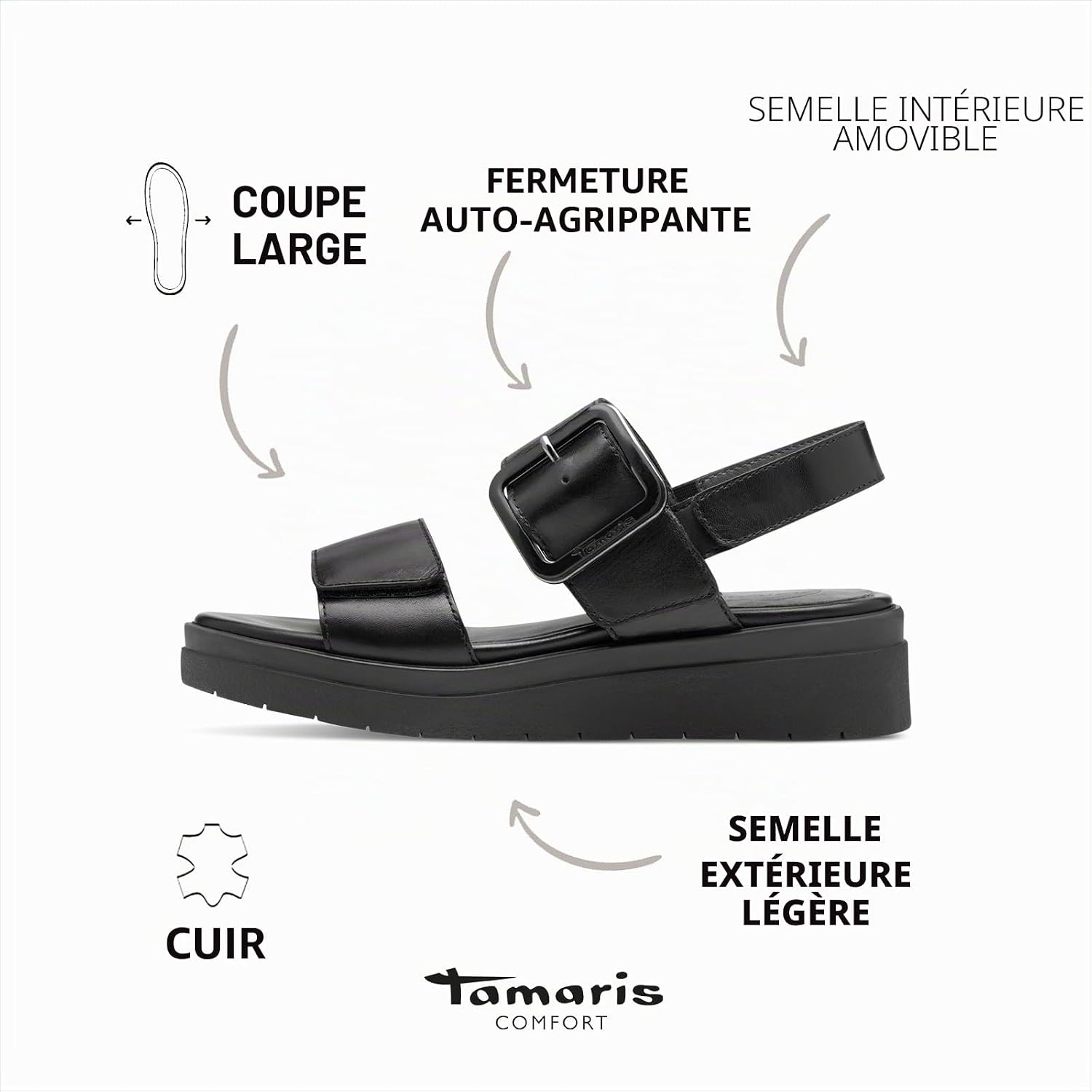 Detalle de Tamaris Comfort Sandales Plates en cuir pour femmes avec boucle – ajustement Multi-Adjustable