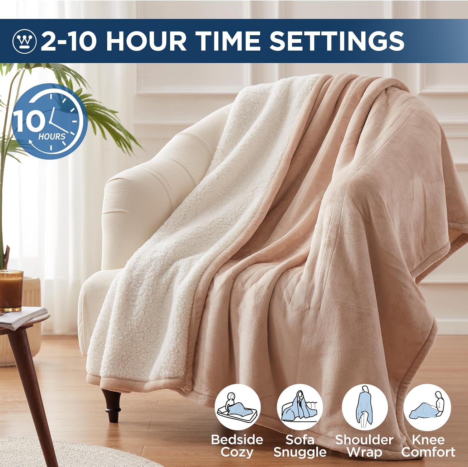 Detalle 2 de Westinghouse KTHT-QCHVS-W Heated Throw Blanket, Beige Flannel and Sherpa