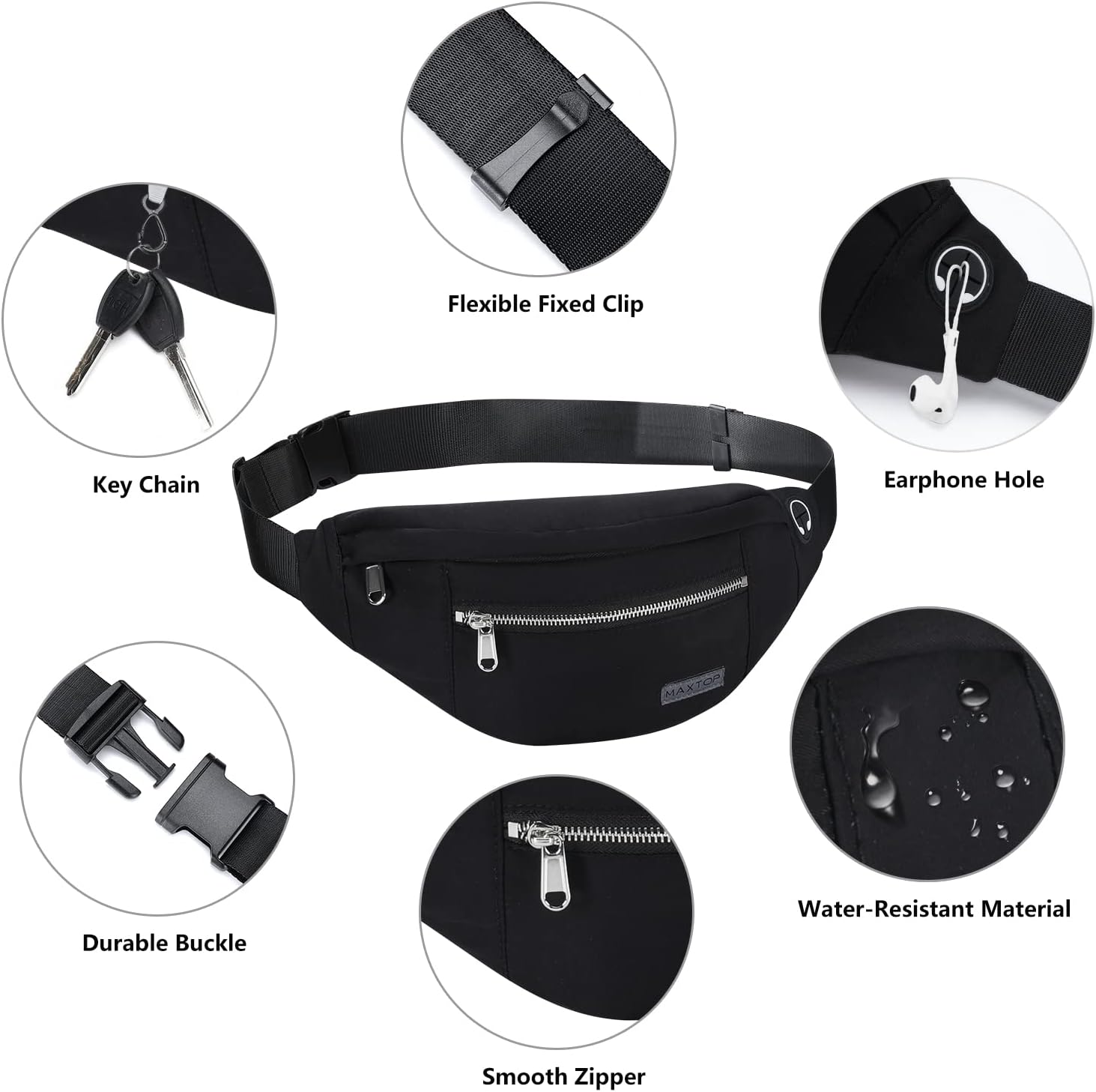 Detalle 2 de MAXTOP riñonera unisex con 4 bolsillos y conector para auriculares