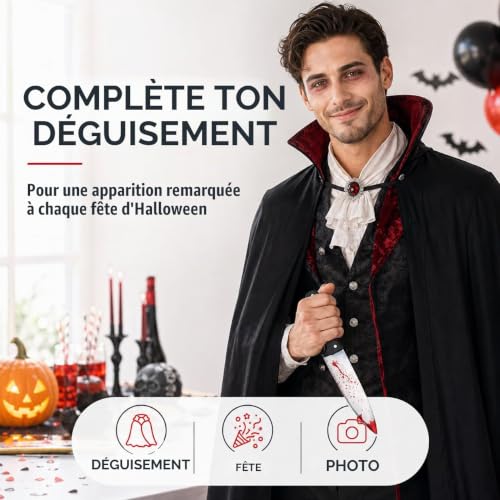 Detalle de FASCHINFEVER Faux couteau d’Halloween, 34 cm, plastique léger et lame effet sang