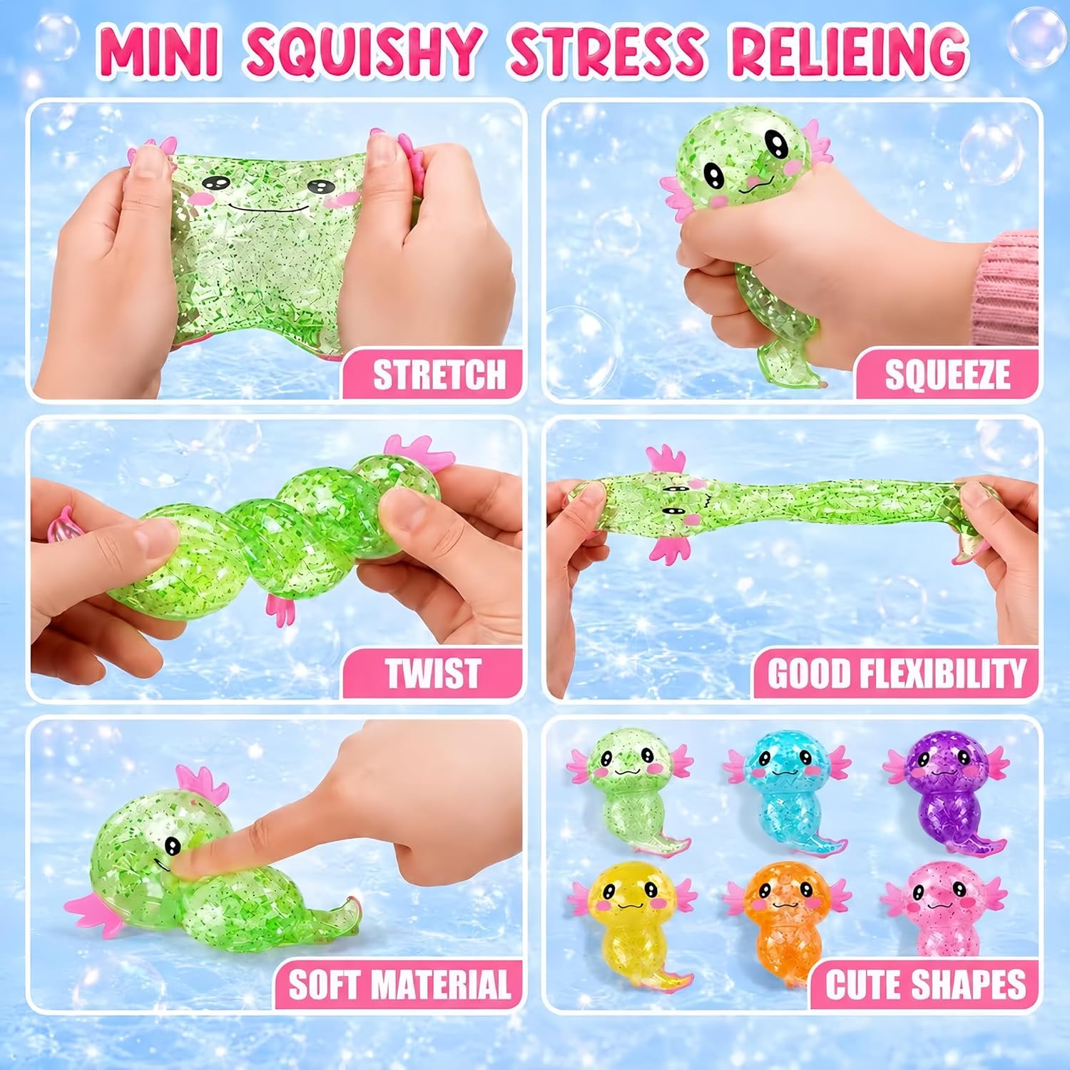 Thumbnail 1 de Axolotl Squishy Stress Relief Toy (2-Pack) – Glitter Gel Fidget Squeeze, Blue & Pink