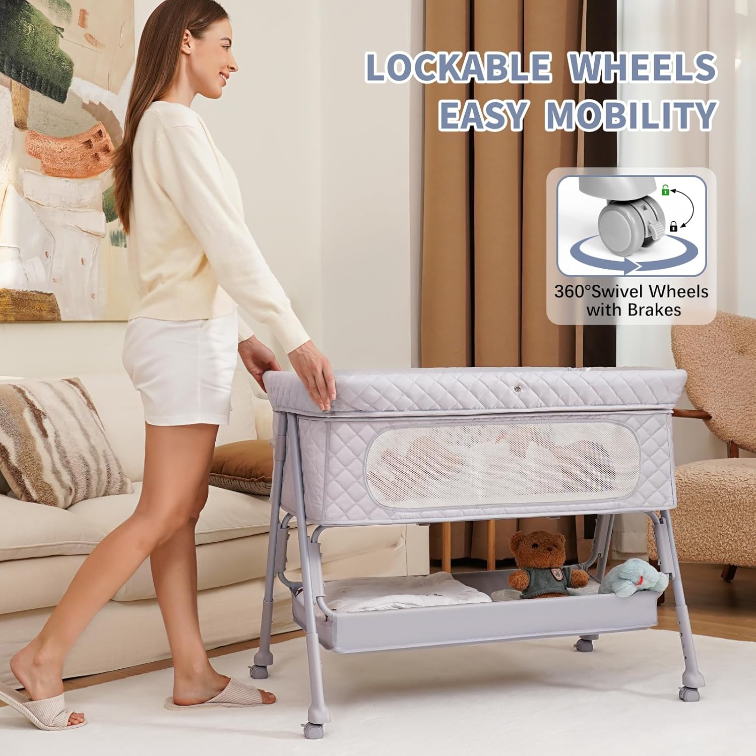 Detalle 2 de Kiniew Bassinet Bedside Sleeper (Adjustable Height, Folding, Mesh) — Grey