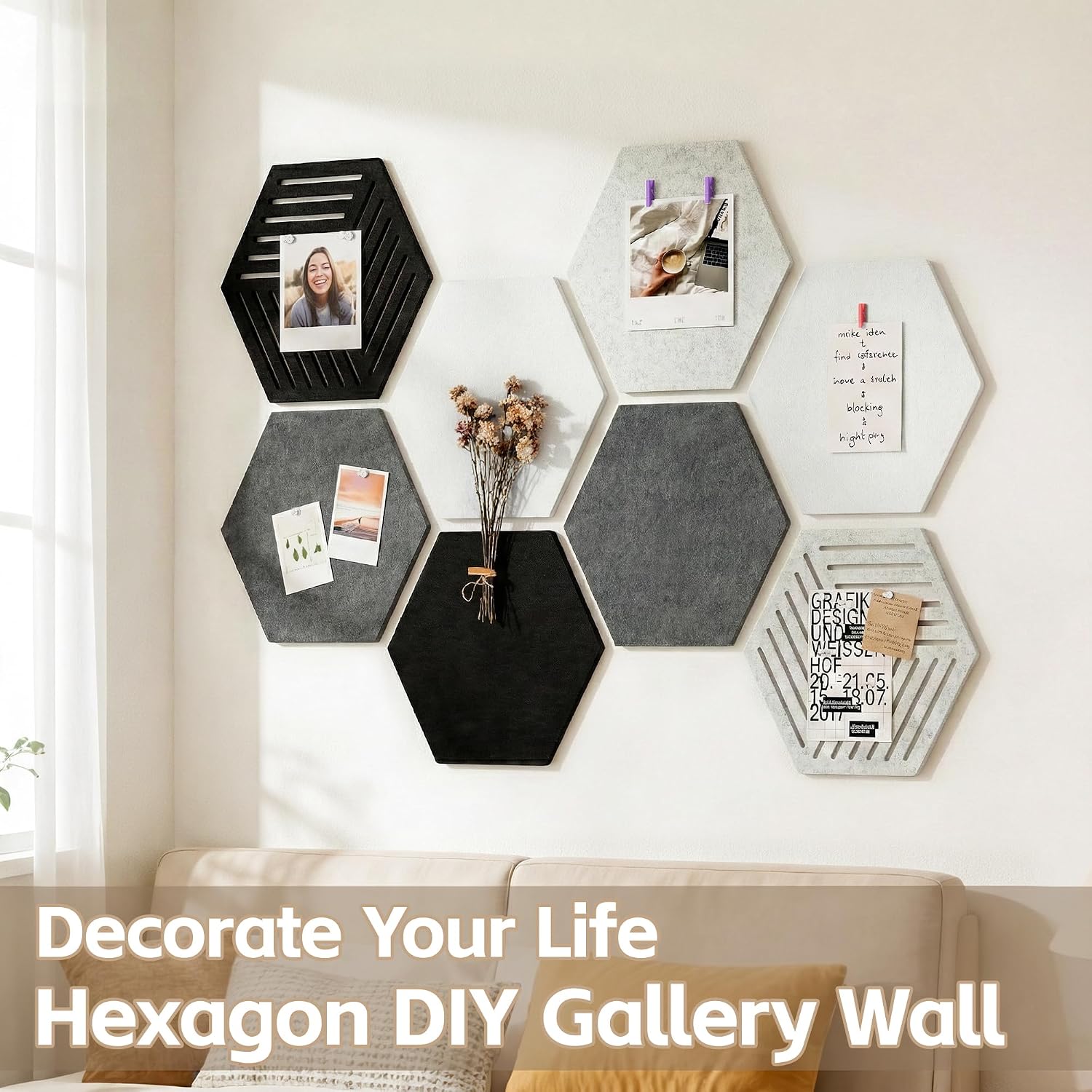 Detalle de Uoisaiko UY-US-10060-Q8 Felt Bulletin Board Tiles, Grey Hexagon 8-Pack