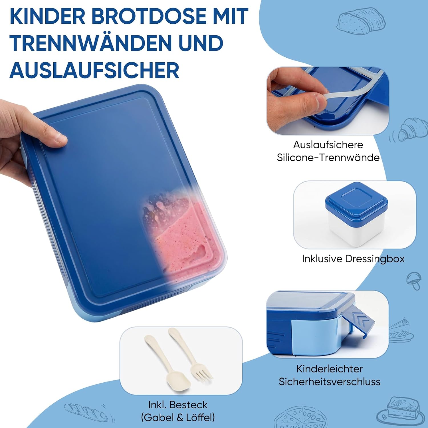 Detalle de BIBURY Brotdose Kinder mit 5 Fächern und Saucenbox, auslaufsicher (1300 ml), BPA-frei, 340 g