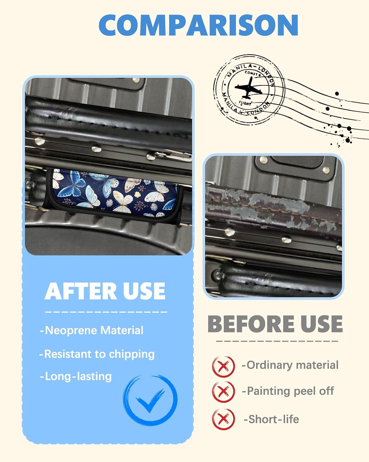 Detalle de OffiEase Neoprene Luggage Handle Wrap Cover 3 Pcs – Velcro Suitcase Identifier Accessories (Butterfly)
