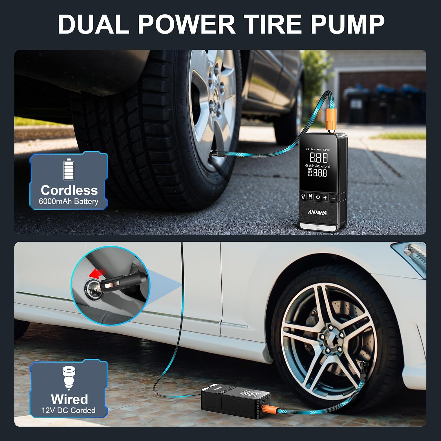 Thumbnail 4 de Antaha Tire Inflator Portable Air Compressor: 150 PSI Cordless Smart Pump for Car Tires