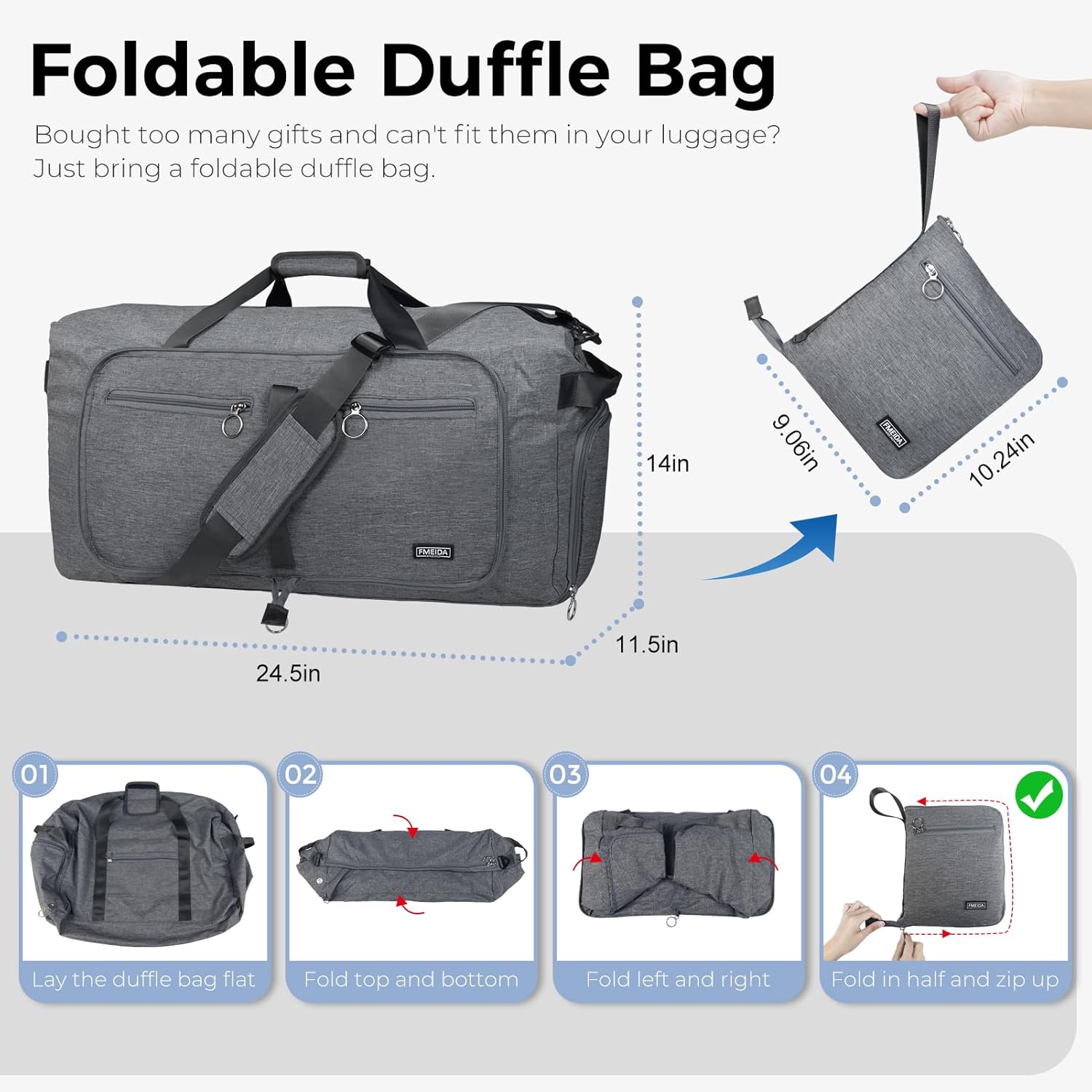 Thumbnail 2 de Fmeida Sporttasche / Reisetasche (faltbar) mit Schuhfach – kleine Weekender-Bag bis ca. 65 l, hellgrau