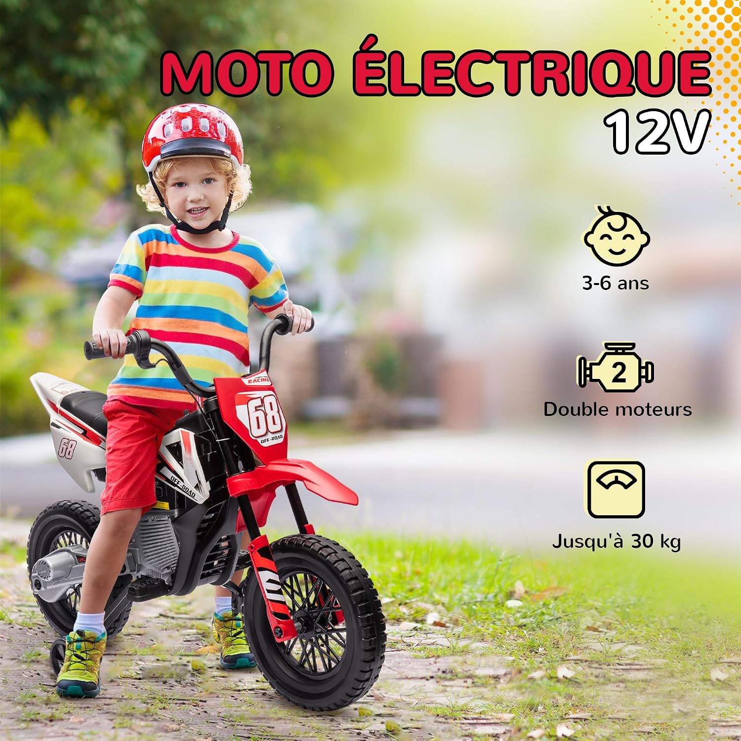 Detalle de AIYAPLAY Moto électrique pour enfants (12V) type cross, 2 moteurs, vitesse réglable jusqu’à 5 km/h – Rouge
