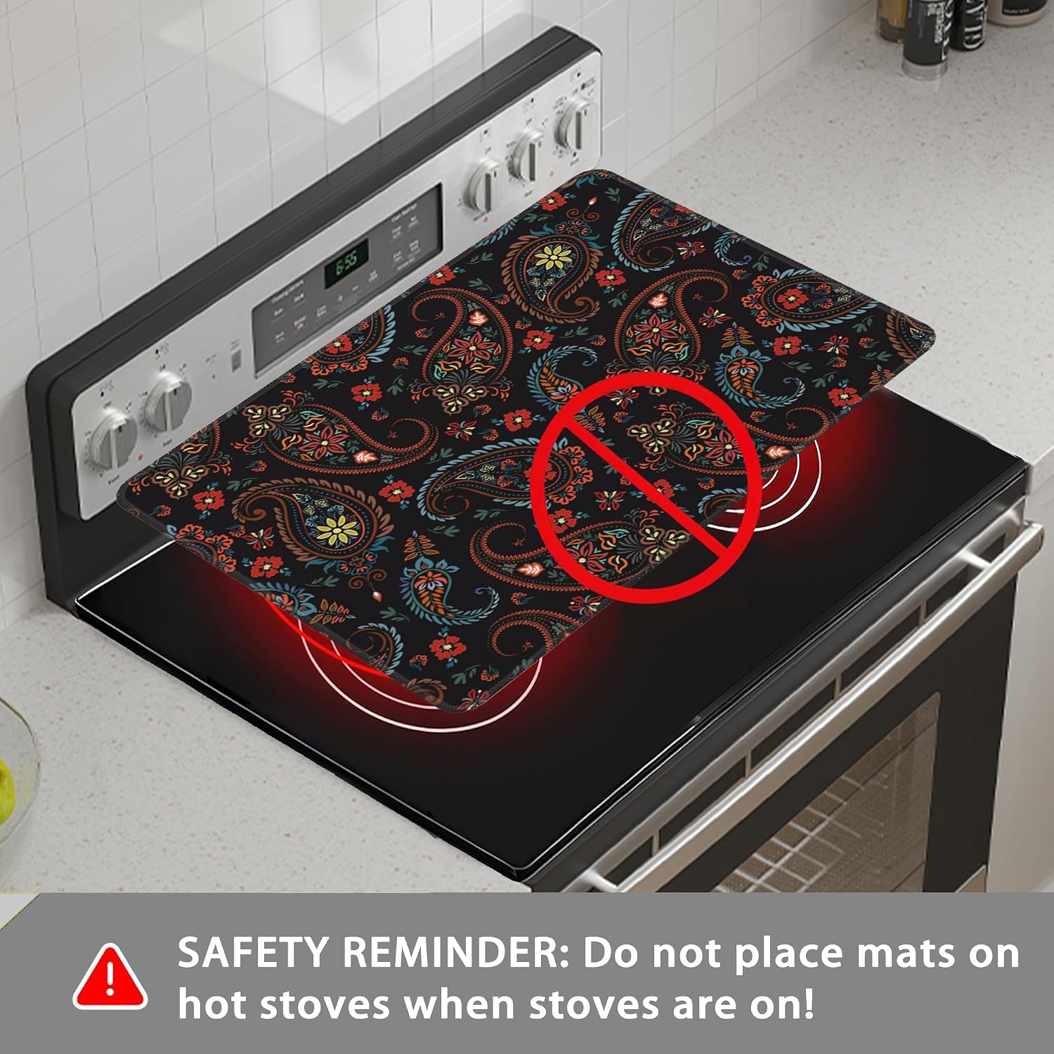Detalle 1 de QYWETHOD Decorative Electric Stove Cover, Paisley Floral Non-Slip Mat, 28.5 x 20.5 in