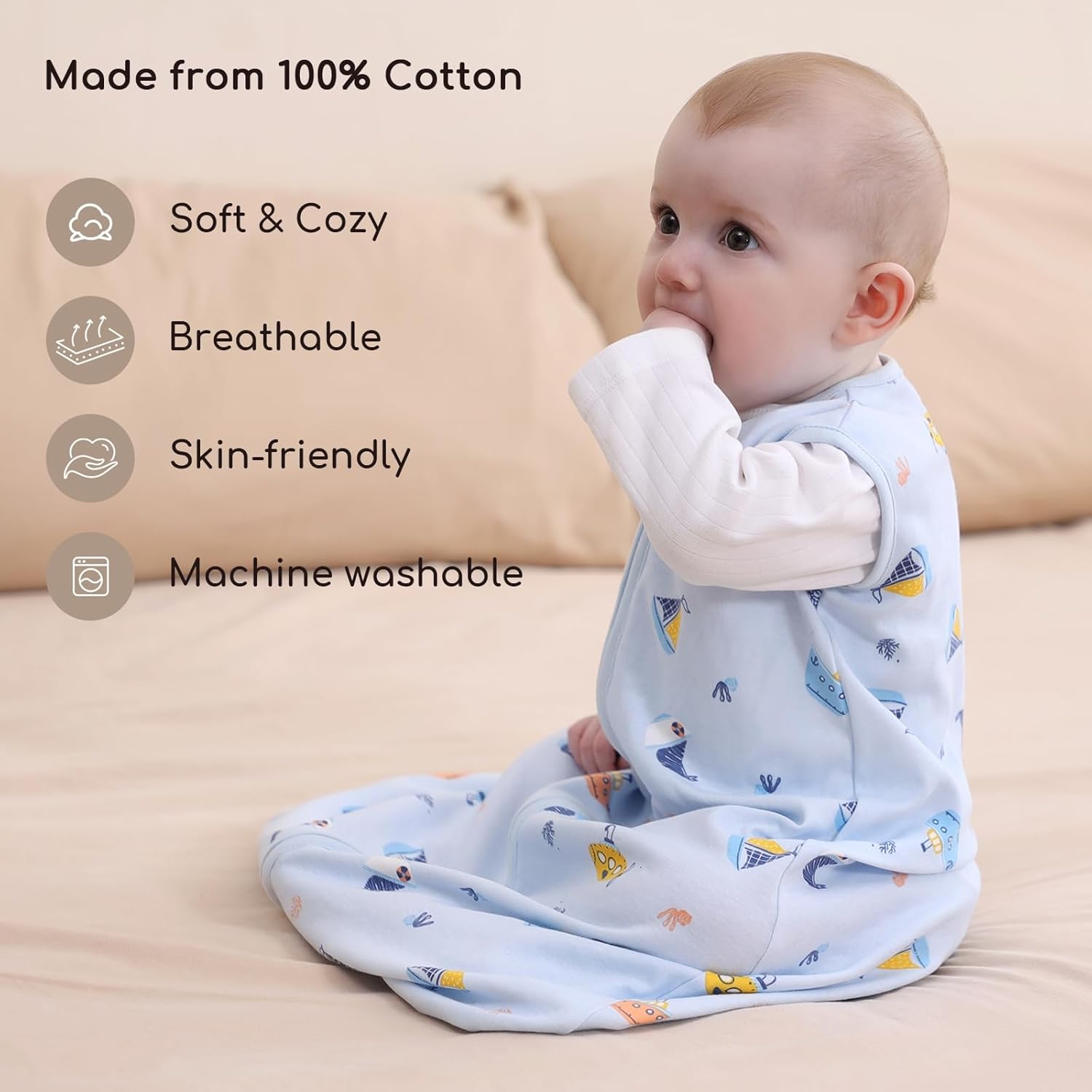 Detalle de Yukkidds Baby Sleeping Bag 0.5 Tog – 100% Cotton, Lightweight Summer Sleep Sack (2-Pack, Blue) for 0–12 Months