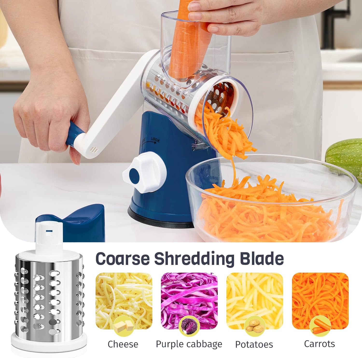 Detalle de Nexsujo Cheese Grater Hand Crank: 3-in-1 Rotary Shredder with Interchangeable Blades
