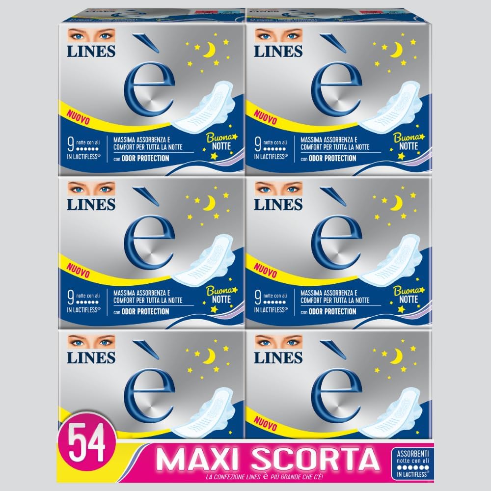 Detalle de LINES È NOTTE con ali – Pacco scorta da 54 assorbenti notturni con Lactifless e Odor Protection