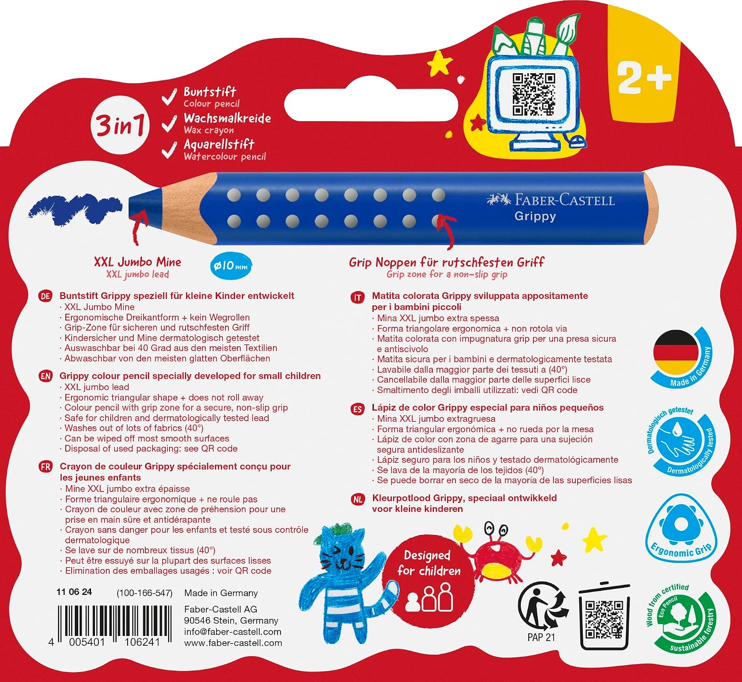 Thumbnail 1 de Faber-Castell 110624 Set Grippy – 10 Jumbo Buntstifte für Kleinkinder, ergonomische Dreikantform, 10 mm Mine, abwaschbar