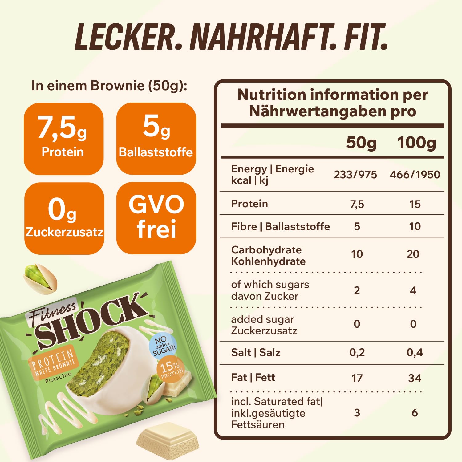 Detalle 2 de FitnesSHOCK Protein Brownie Snack (Pistazien) – ohne Zuckerzusatz, low carb, 15% Eiweiß, 10 x 50 g