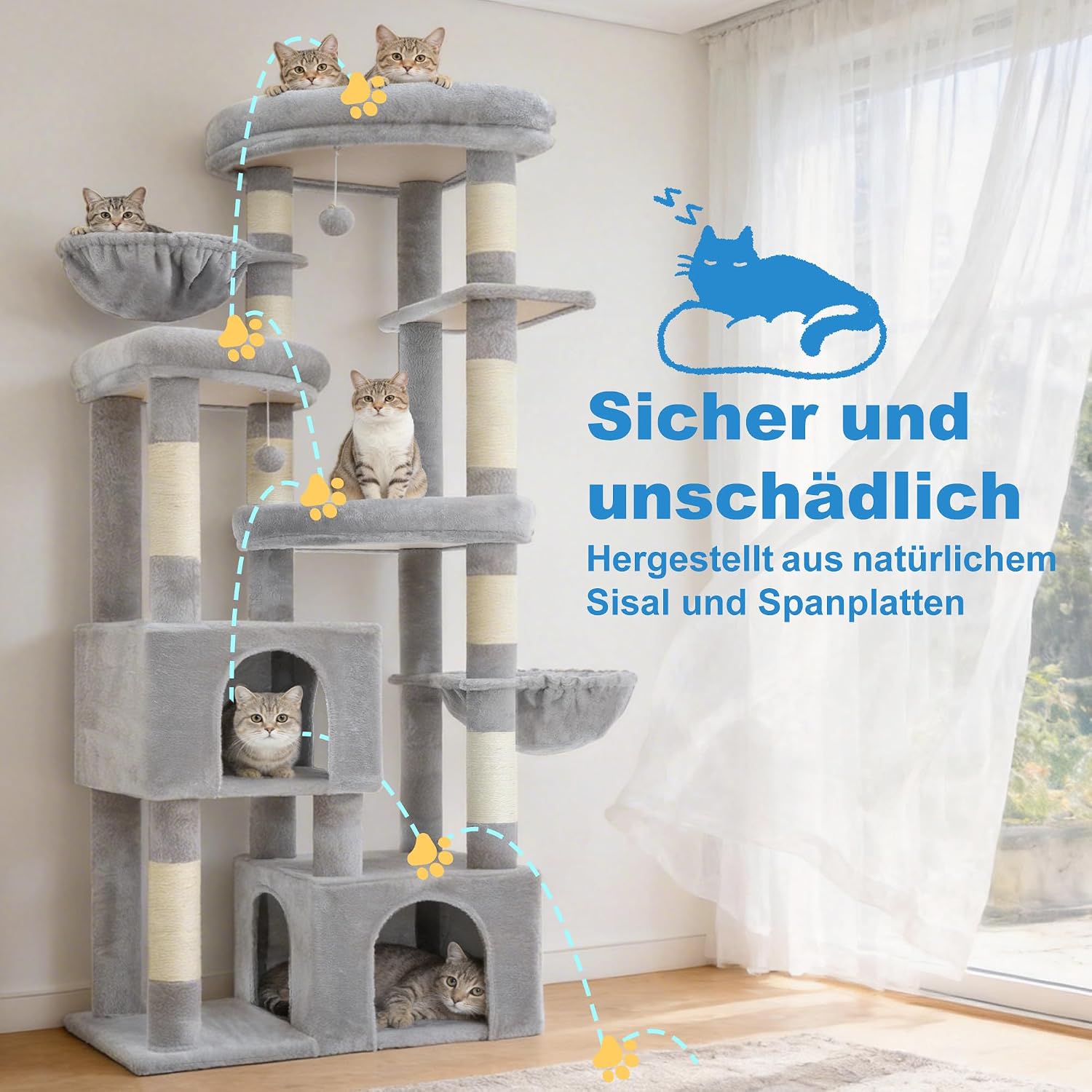 Thumbnail 5 de Hey-brother Katzenbaum 171 cm – stabiler Kratzbaum mit 3 Plattformen, 2 Höhlen und 2 Katzenbetten (Hellgrau, MPJ084W)