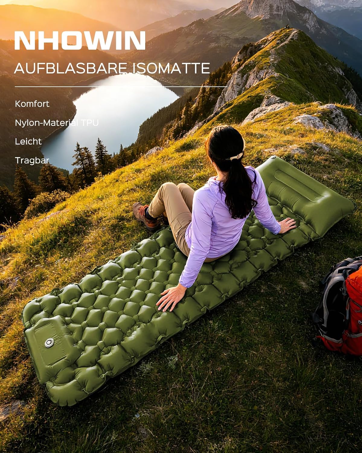 Detalle 2 de NHOWIN Isomatte Camping – Leichte, kompakte Luftmatratze mit integrierter Fußpumpe, 9 cm Dicke, 196 × 68 cm, Grün