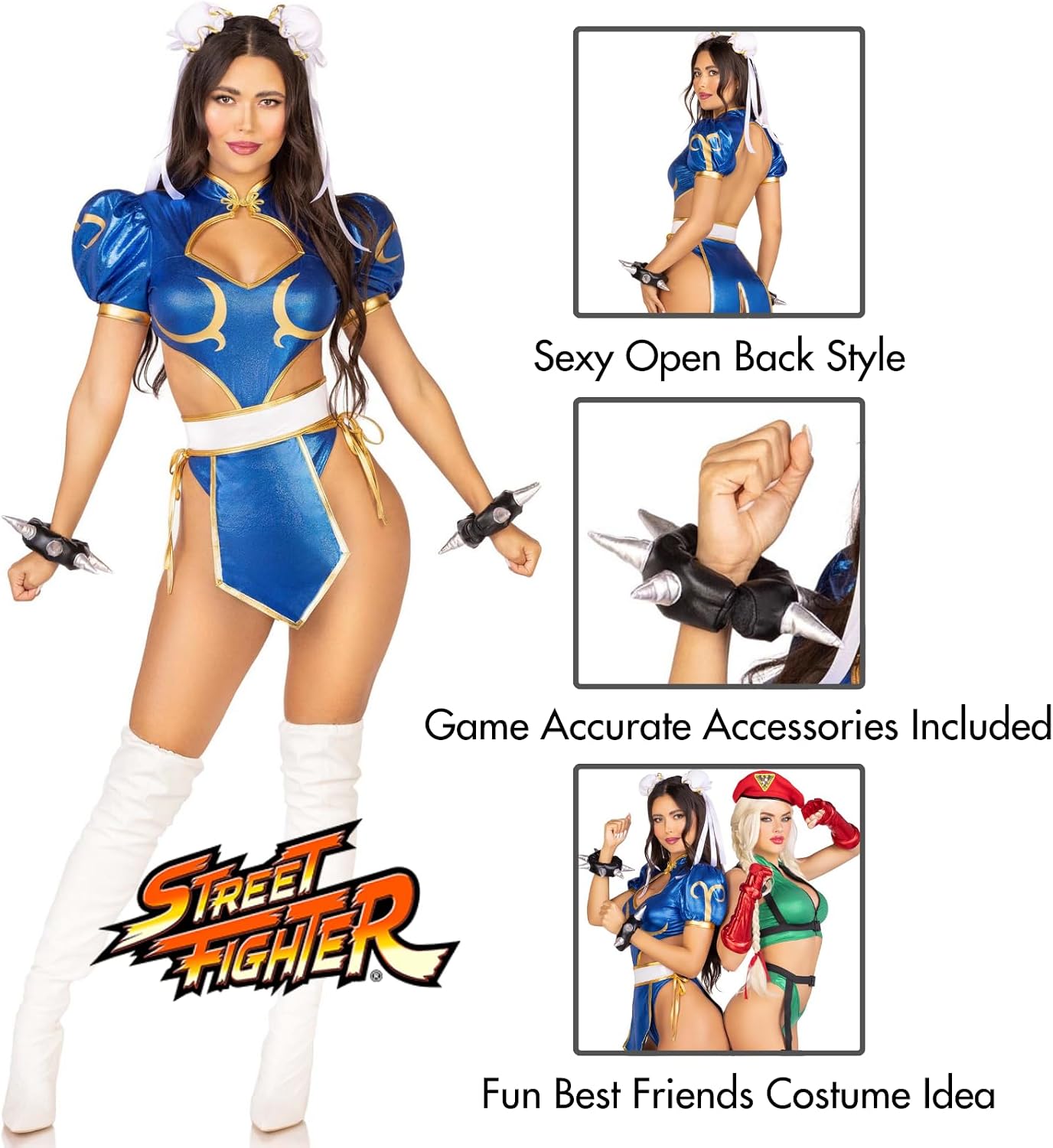 Detalle 2 de Leg Avenue Women’s 4-Piece Chun Li Costume with Shimmer Bodysuit and Bun Covers