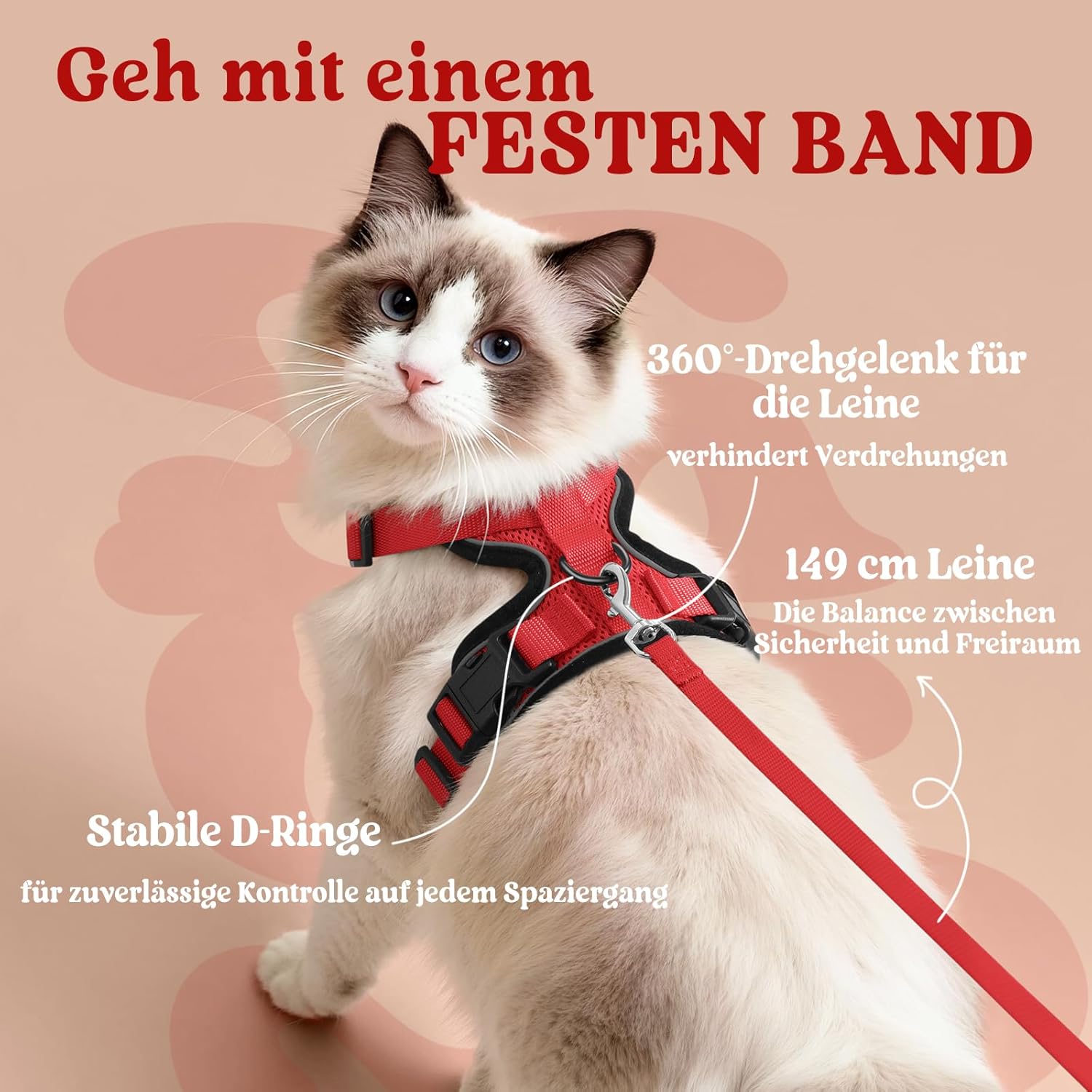 Thumbnail 4 de rabbitgoo Katzengeschirr mit Leine Softgeschirr (Brustgeschirr) – ausbruchssicher, verstellbar, rot, inkl. Leine