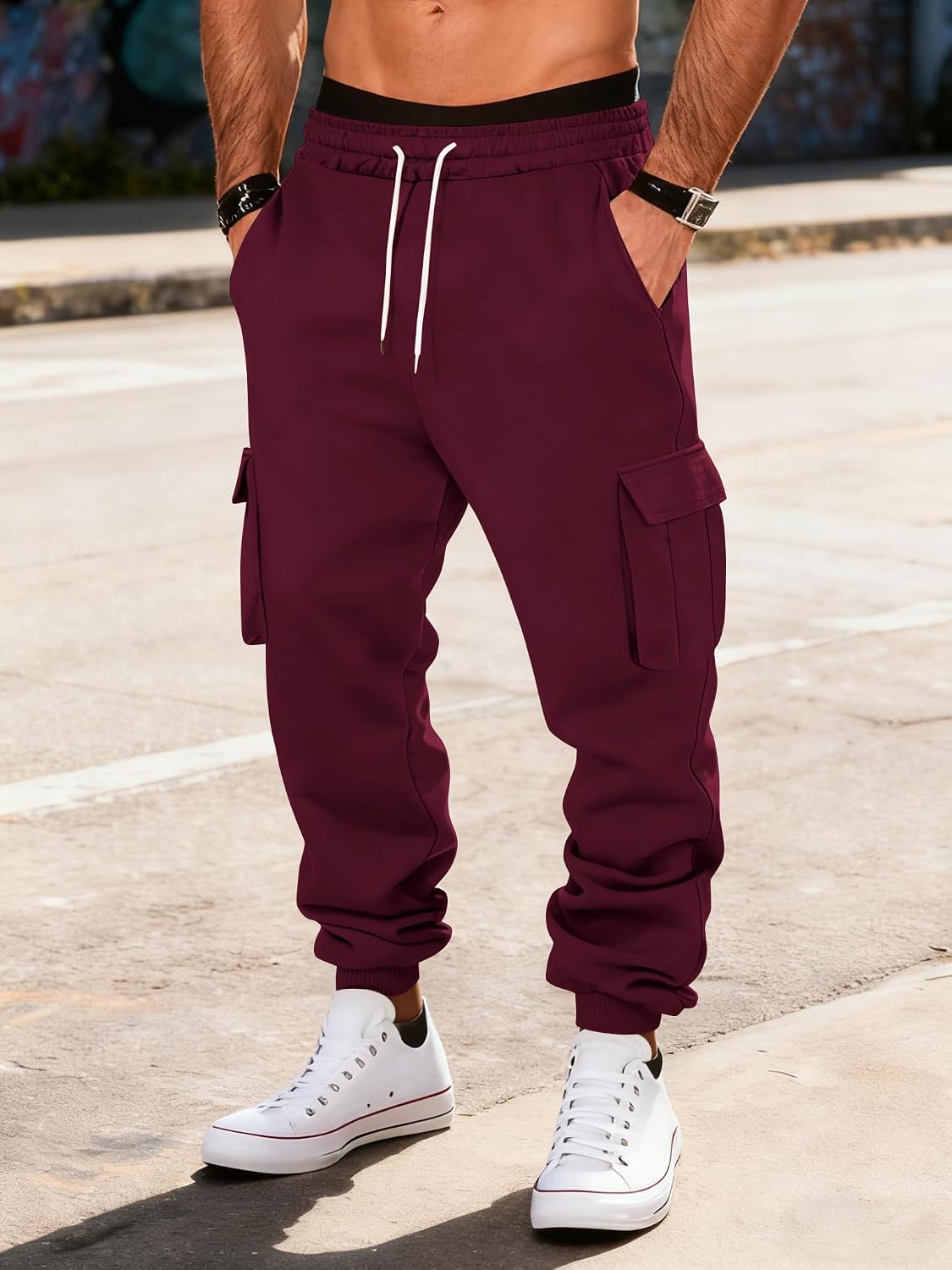 Detalle 2 de TRFIC Mens Fleece Cargo Sweatpants baggy joggers