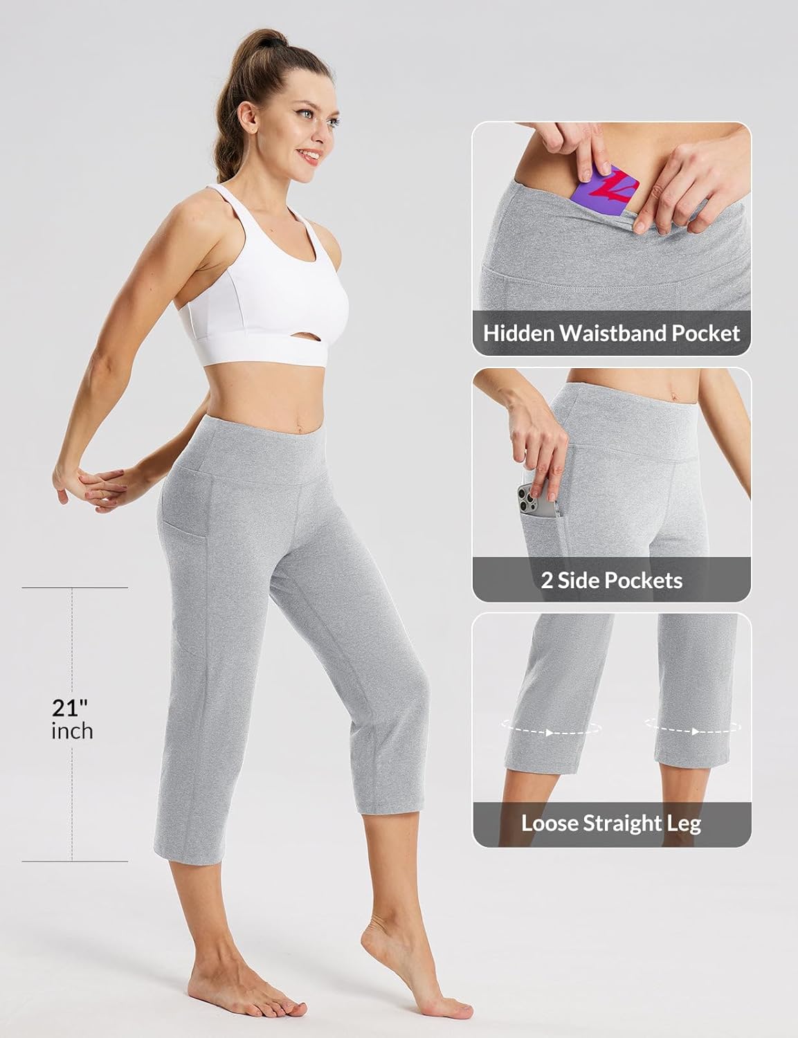 Detalle 2 de Baleaf Women's 21" Capri Pants with Pockets, High Waist—Tummy Control Yoga Leggings for Summer Workout