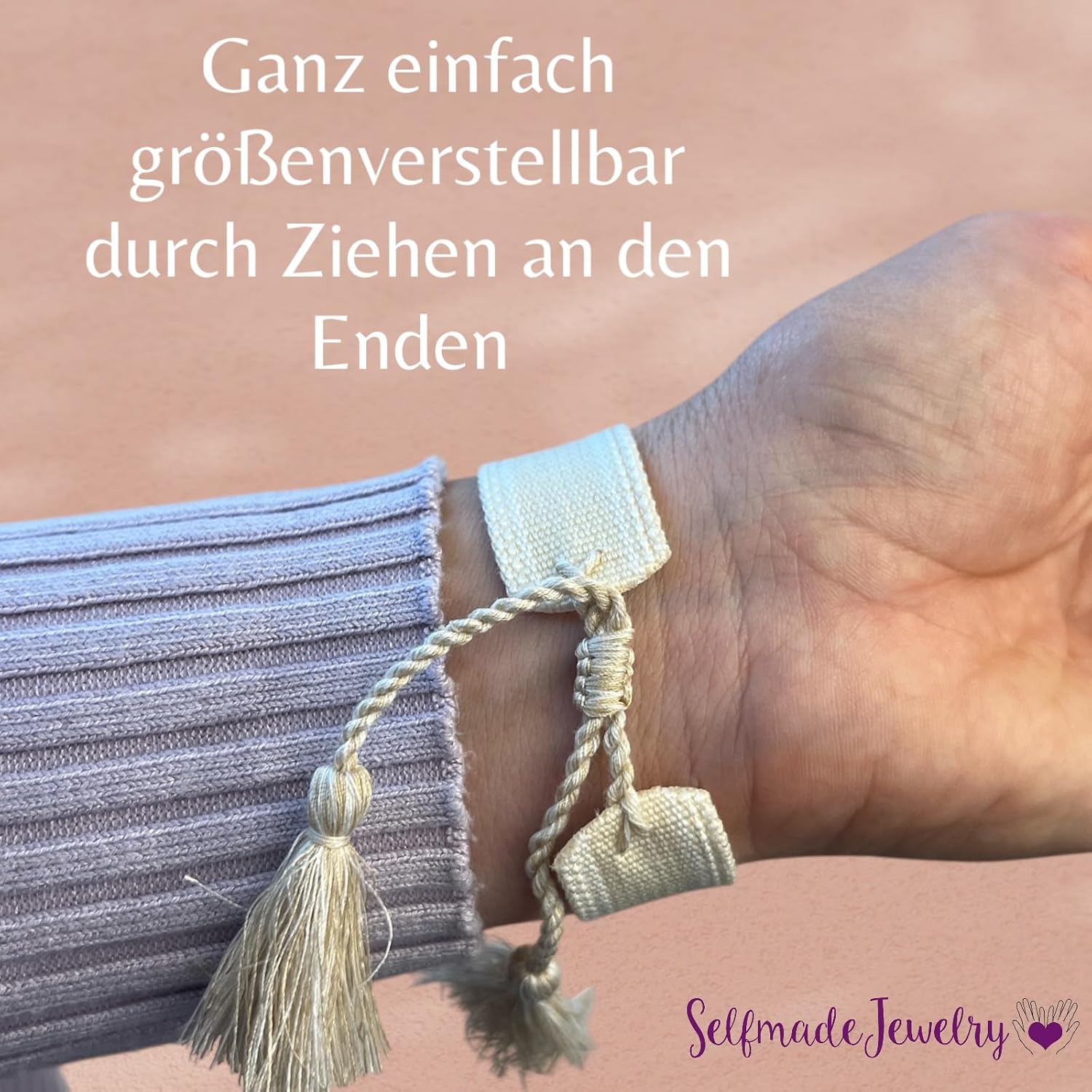 Detalle de Selfmade Jewelry Stoff Armband Beige – Gewebtes Boho-Styling-Accessoire