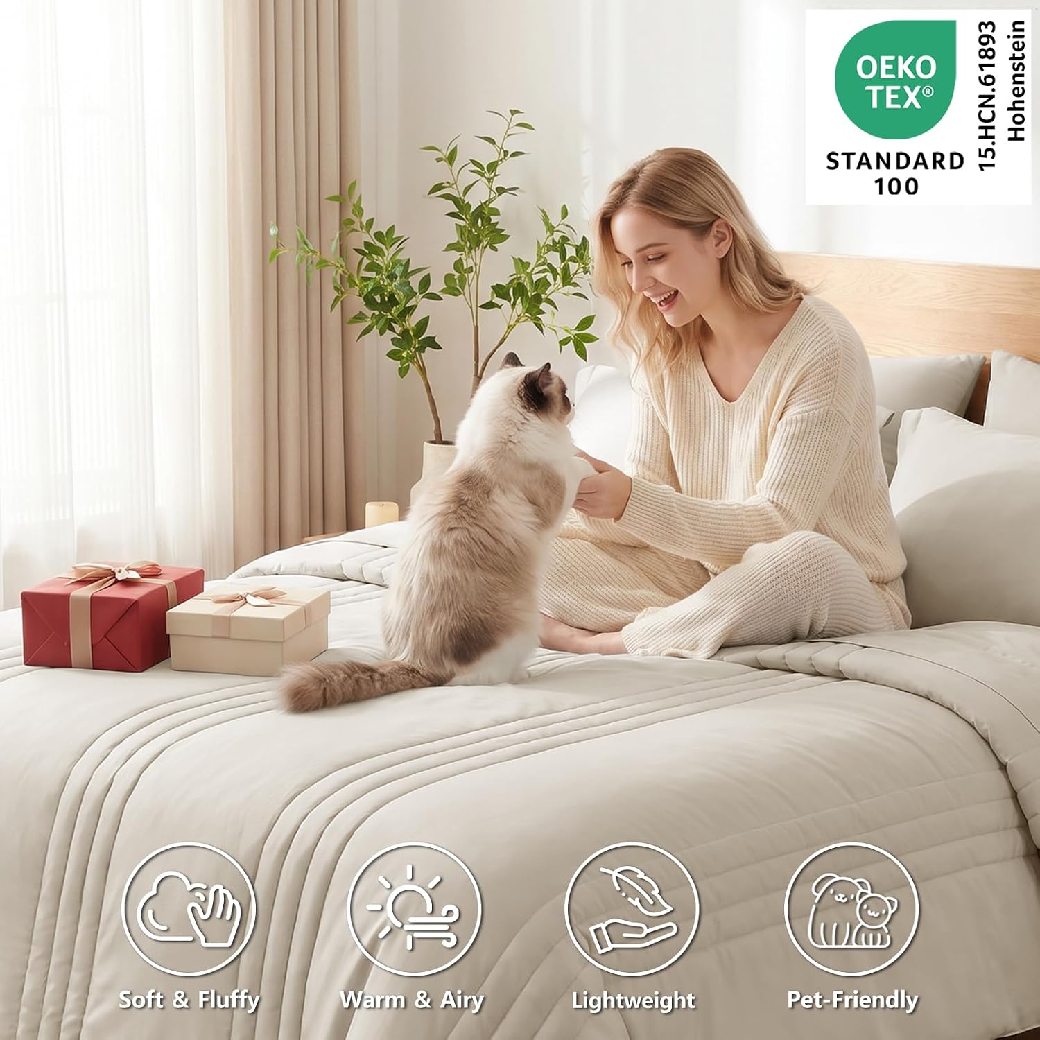 Thumbnail 1 de CozyLux Queen Size 7-Piece Comforter Set (Beige) with Sheets & Down-Alternative Comforter
