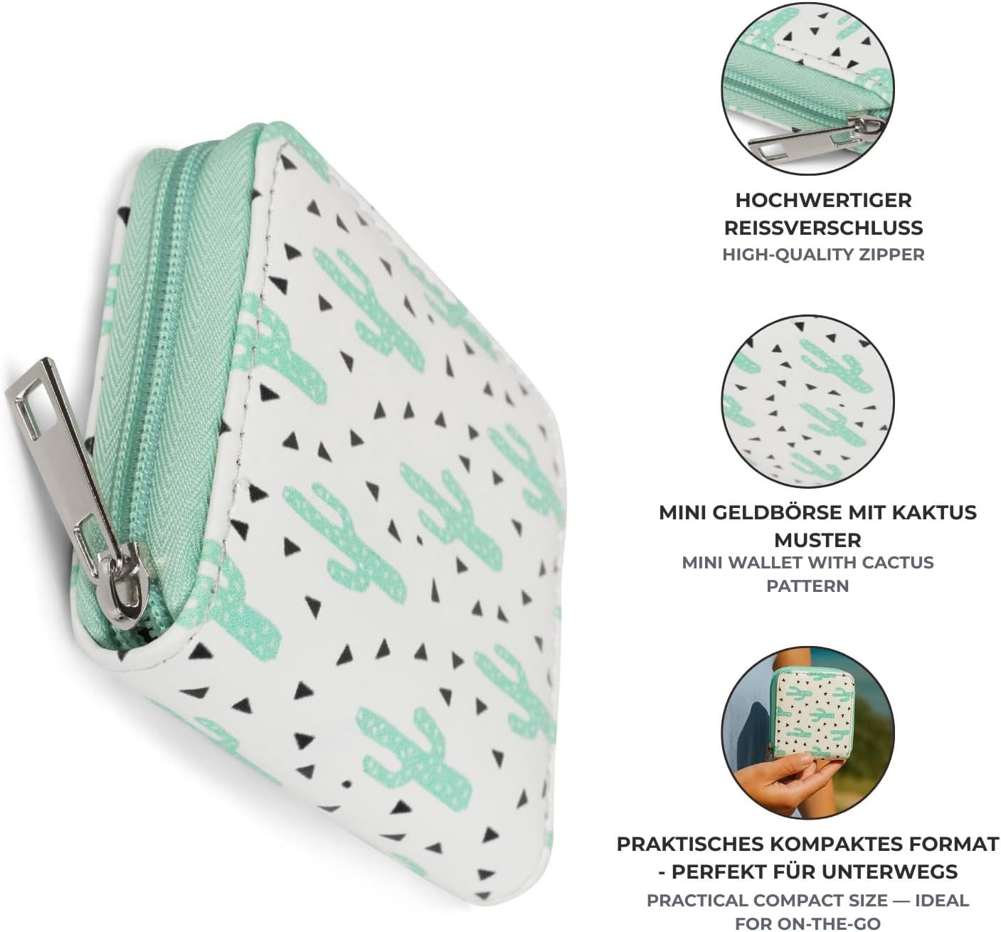 Detalle de styleBREAKER mini portamonete con stampa cactus – bianco/verde menta, chiusura a cerniera circolare