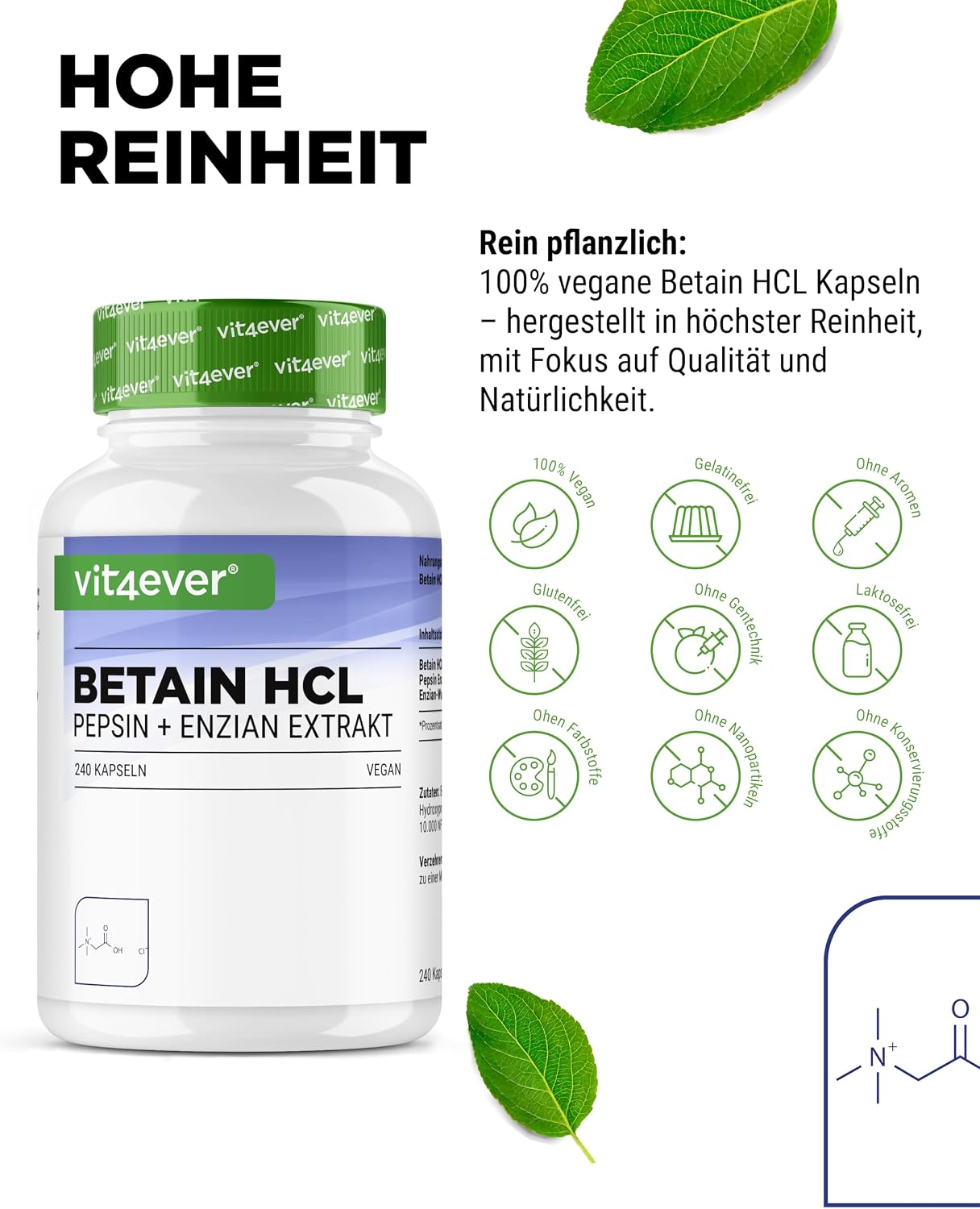 Detalle de Betain HCL – 240 Kapseln (695 mg) mit Pepsin & Enzianwurzel-Extrakt – vollspektrum Enzym-Kapseln