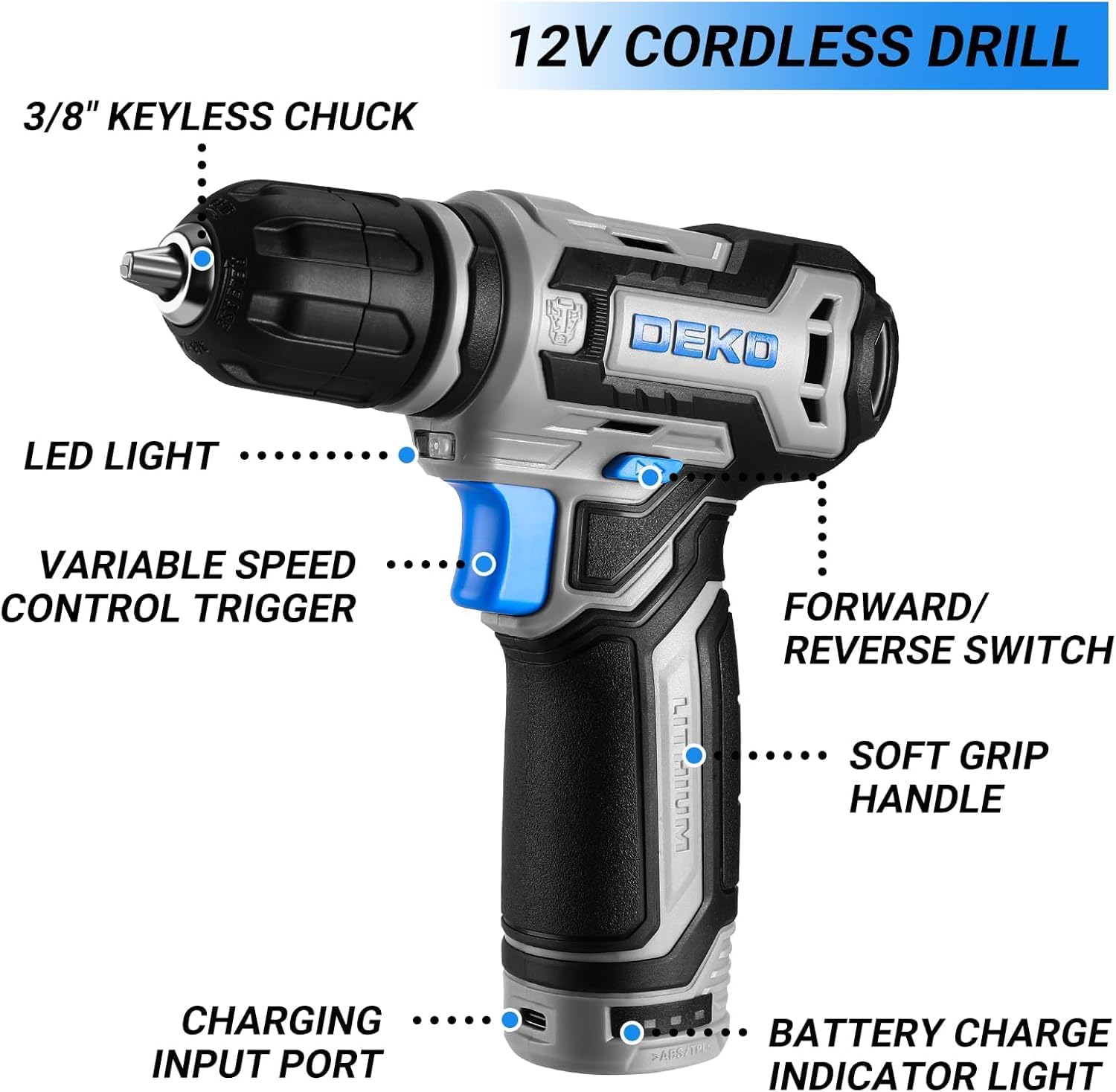 Thumbnail 4 de DEKOPRO DKMT238-BL 238-Piece Tool Set with 12V Cordless Drill, Blue