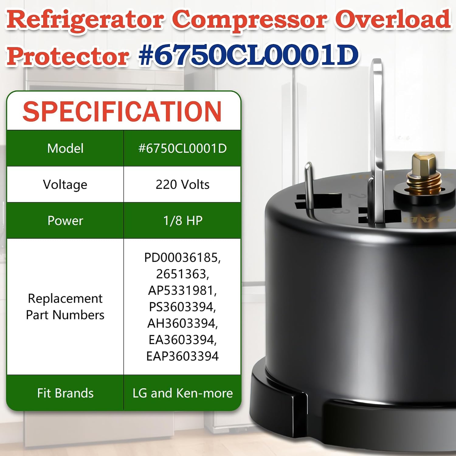 Detalle de Bakaoof 6750CL0001D Refrigerator Compressor Overload Protector for LG and Kenmore