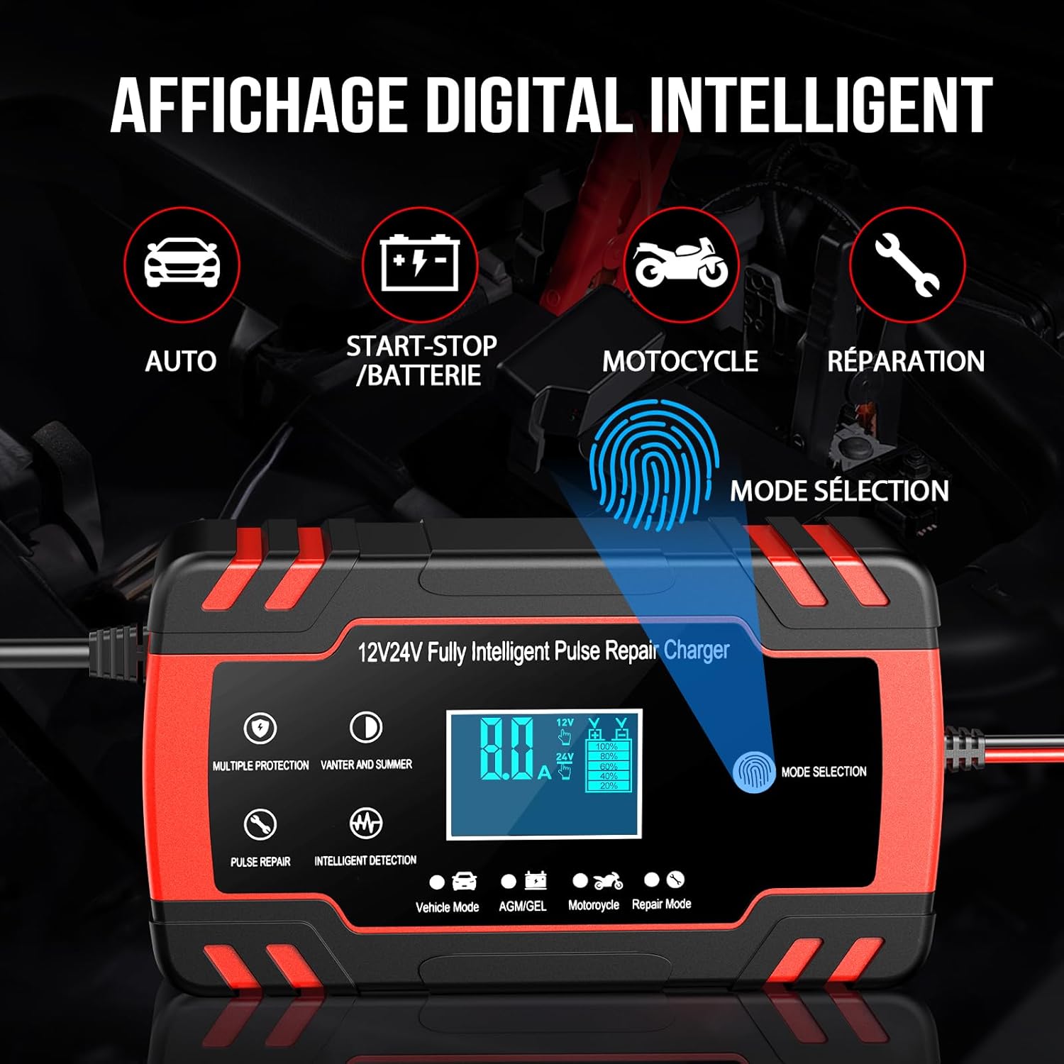 Detalle de Husgw Chargeur Batterie Voitures 12V/24V 8A – Chargeur intelligent avec fonction réparation et écran LCD