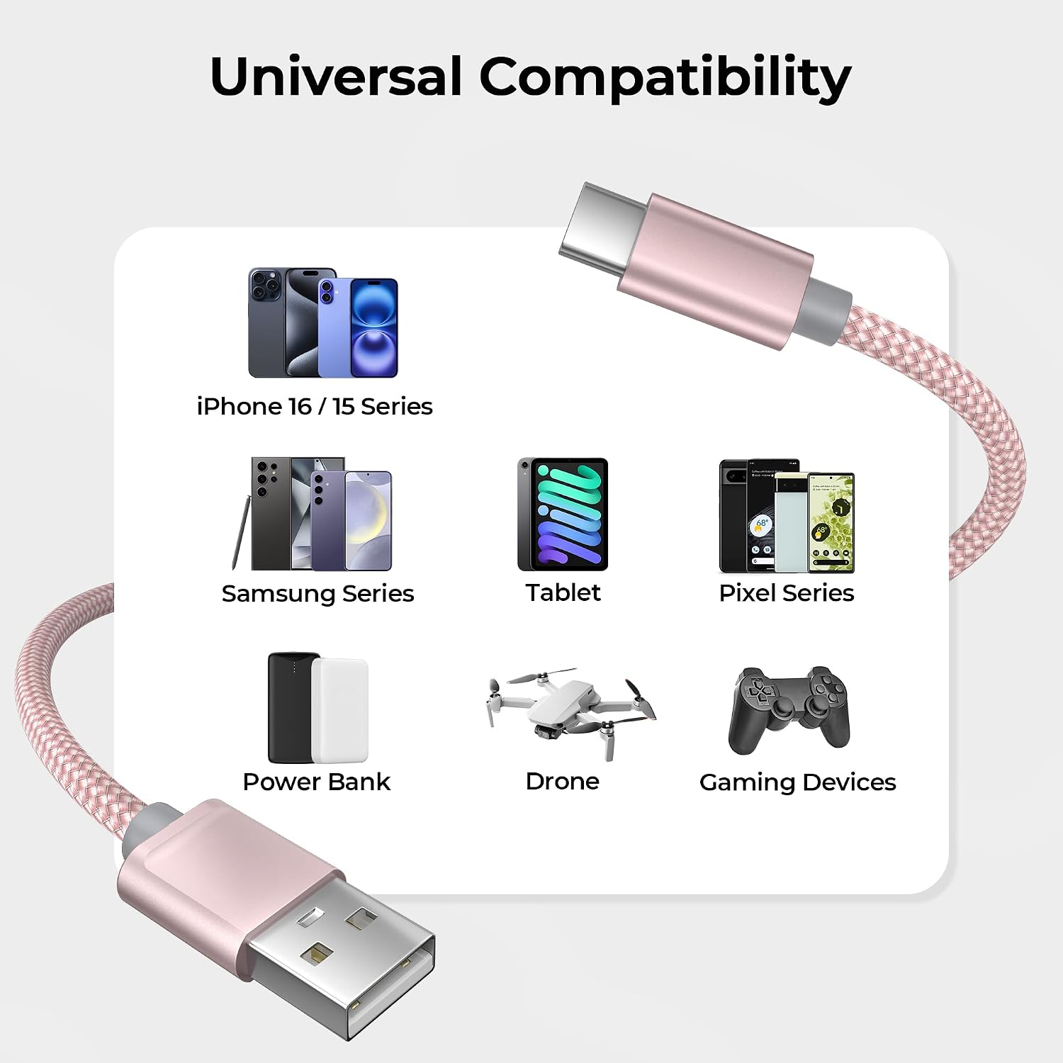 Thumbnail 6 de Basesailor NLUSBATOCC USB-C Charging Cable, 6.6 ft, 2-Pack, Pink