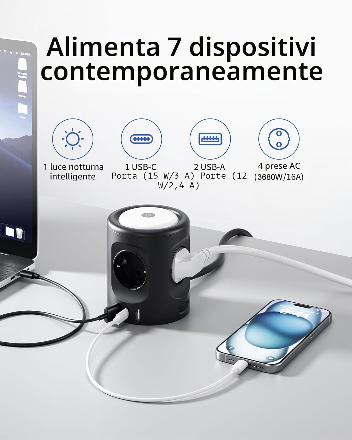 Thumbnail 1 de 3M Ciabatta Multipresa con Luce 4 prese, USB-C e USB-A, Illuminazione a 3 modalità