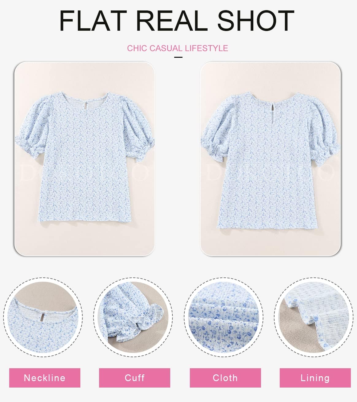 Detalle 2 de Dokotoo Floral Print Blouses for Women – Crewneck Smocked Puff Sleeve Babydoll Top