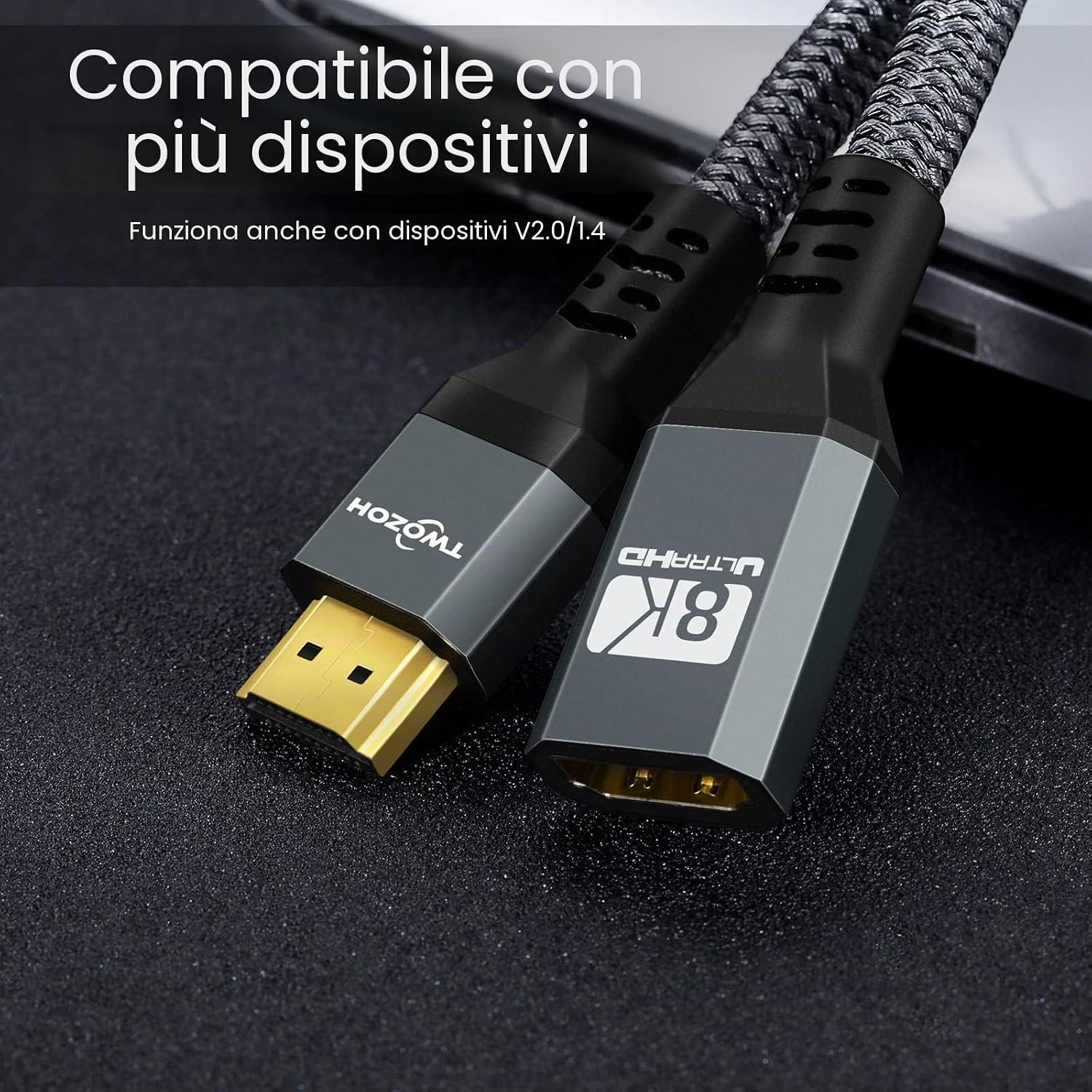 Detalle 2 de Twozoh HDMI Extension Cable 8K/4K 2.1 0,3 m – Prolunga robusta, 48 Gbps, nylon intrecciato