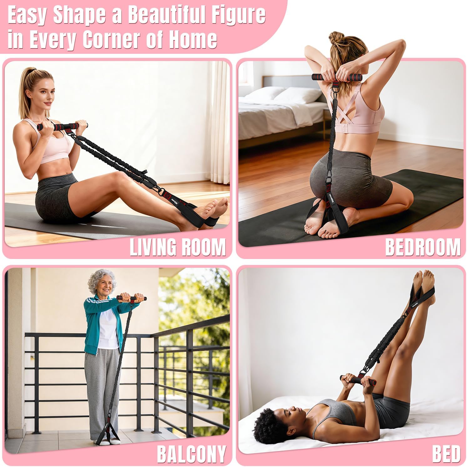 Detalle 2 de KUZARO Upgraded Multifunction Pedal Resistance Band with Handle — 3-Tube Adjustable 30–90 lb, Full-Body Sit-Up & Pilates Kit for Women