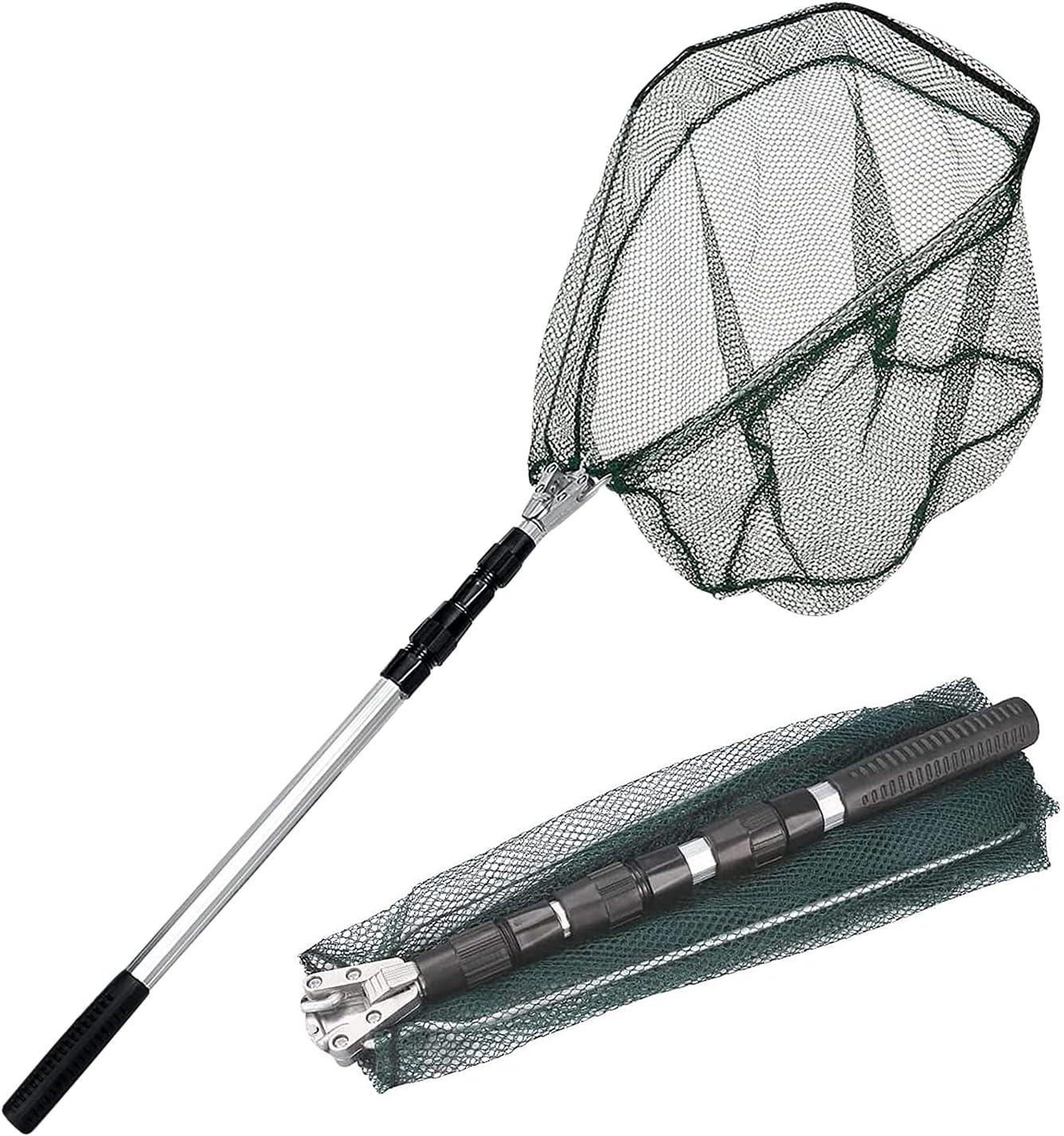 KK'S GLAMS Telescope Fishing Landing Net (Foldable 1.5m Aluminium Pole, 43cm Net) — Silver & Green