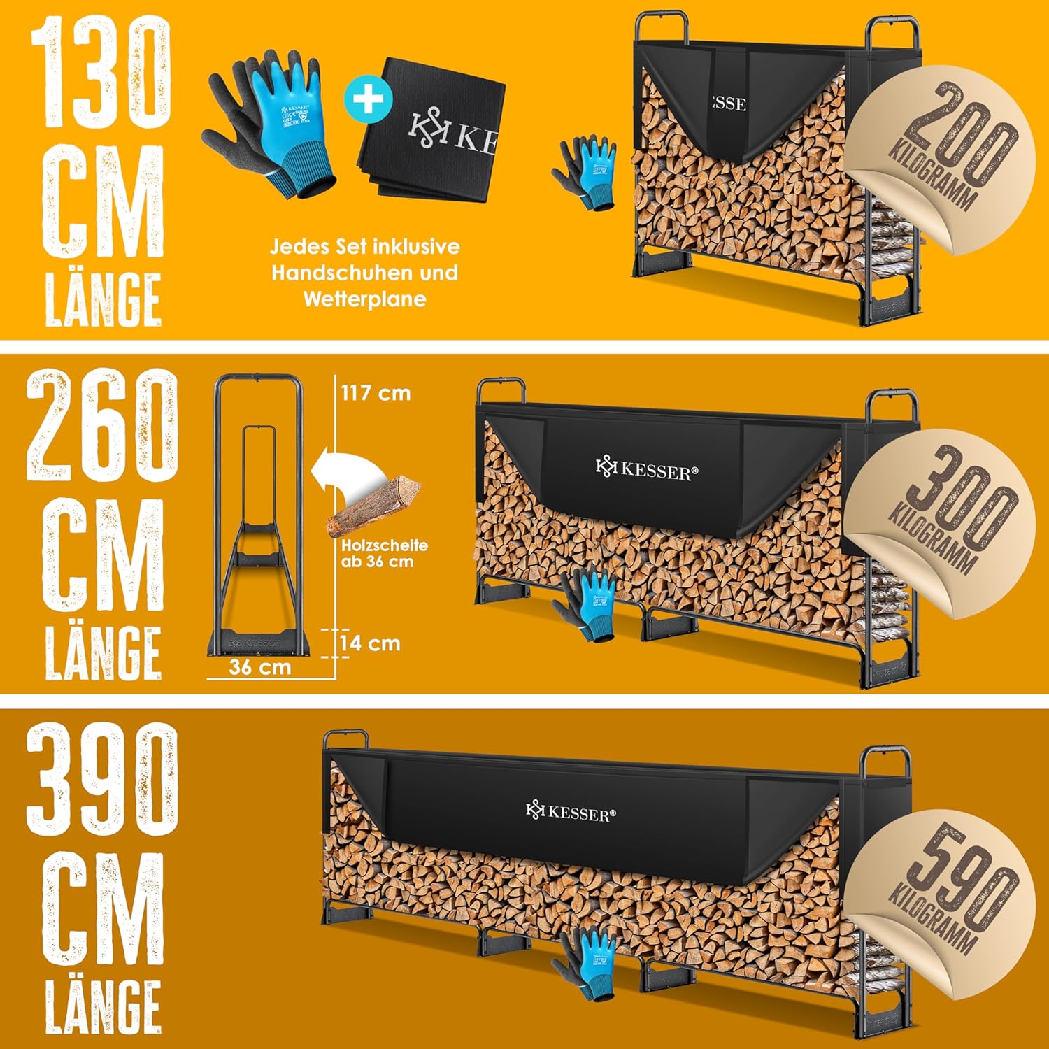 Thumbnail 6 de KESSER® Kaminholzregal Metall 260×36×117 cm – Stahlrahmen für den Außenbereich mit Abdeckung & Handschuhen