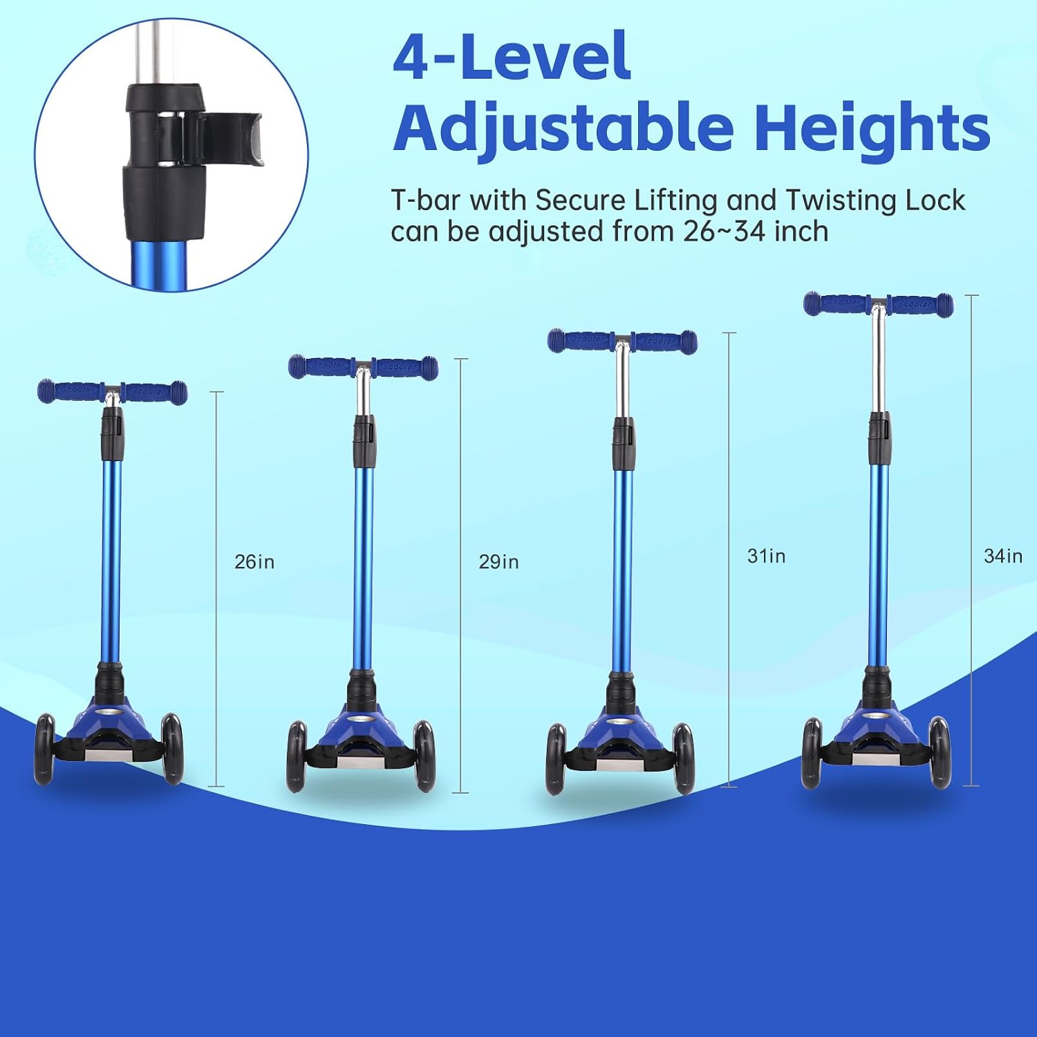 Detalle de 3 Wheel Scooter for Kids: Stable, Light-Up Wheels & 4-Height Adjustability