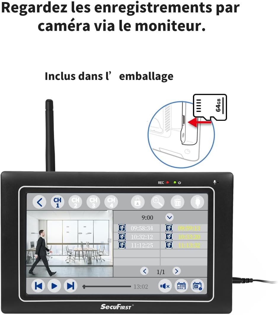 Thumbnail 3 de Kit SecuFirst: Système de surveillance sans fil 2 caméras 2K avec moniteur tactile 7" et 64 Go inclus