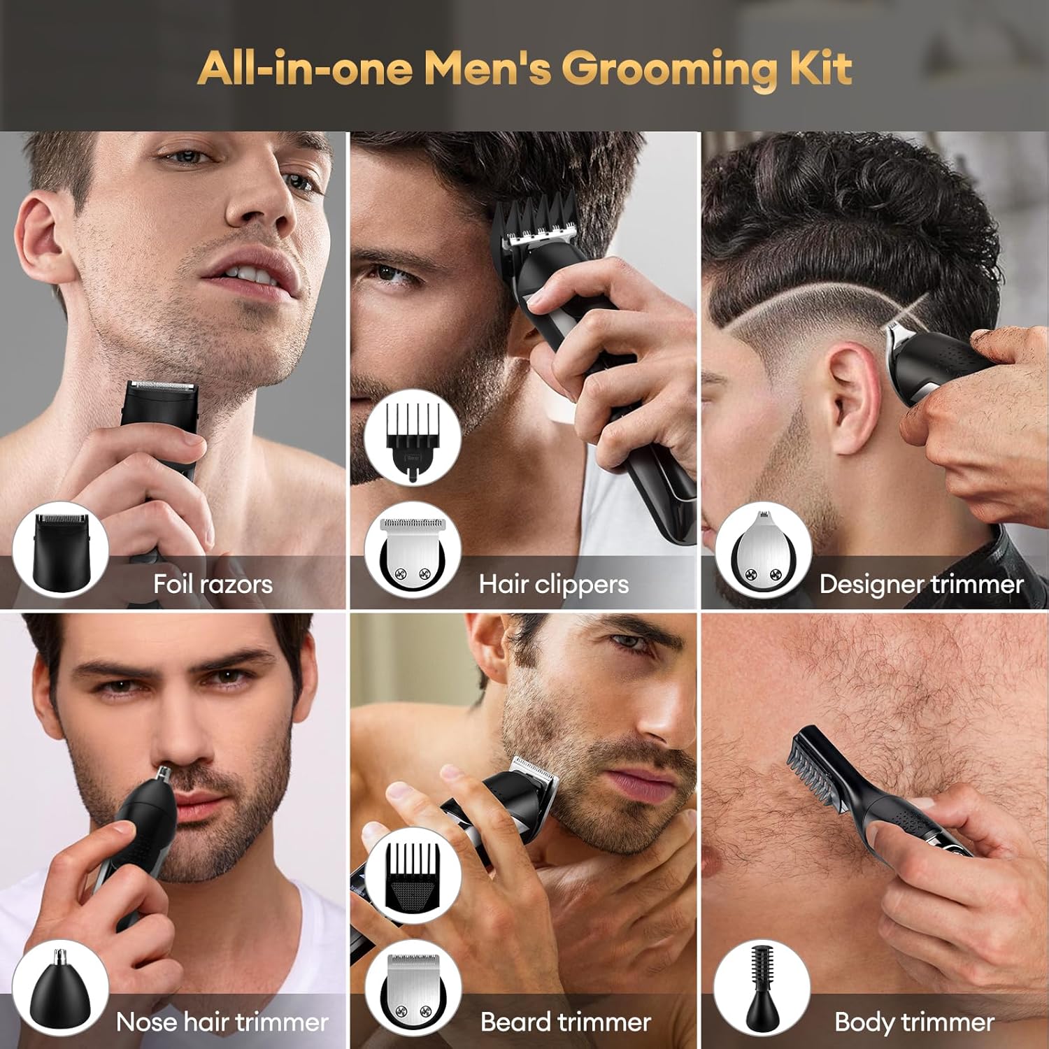 Detalle de 6-in-1 Beard Trimmer Men: Cordless Grooming Kit for Face, Nose, Body and More