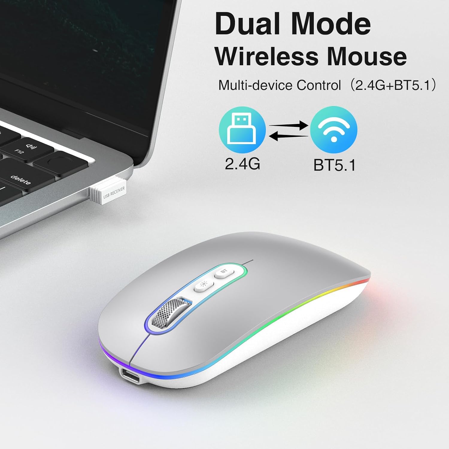 Detalle de cimetech Dual-Mode Bluetooth 5.1 & 2,4 GHz optische Office-Funkmaus (wiederaufladbar) mit USB‑C Adapter