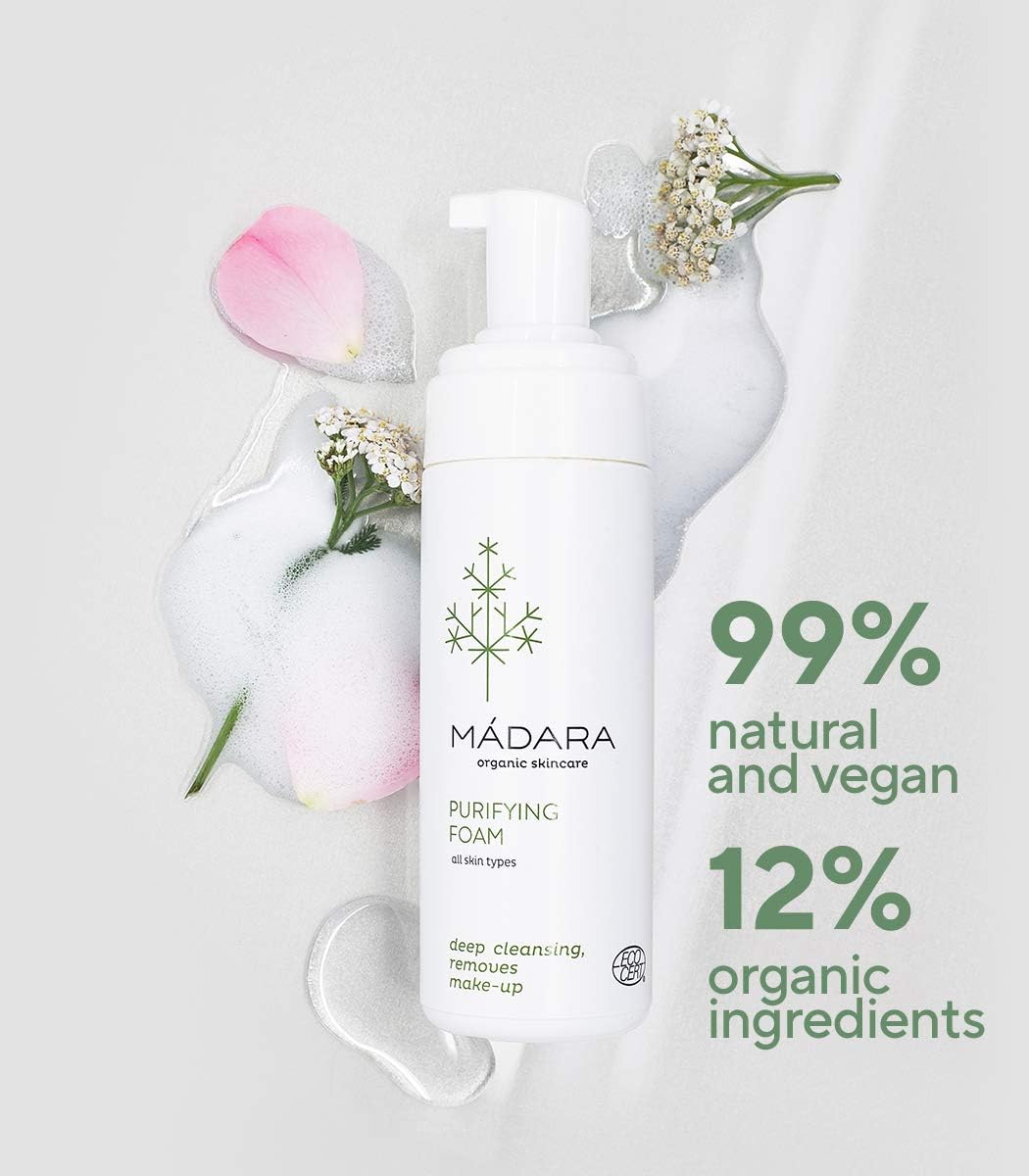 Detalle de MÁDARA Organic Skincare Mousse Nettoyante Visage – 150 ml, à l'extrait d'Achillée millefeuille, vegan & Ecocert