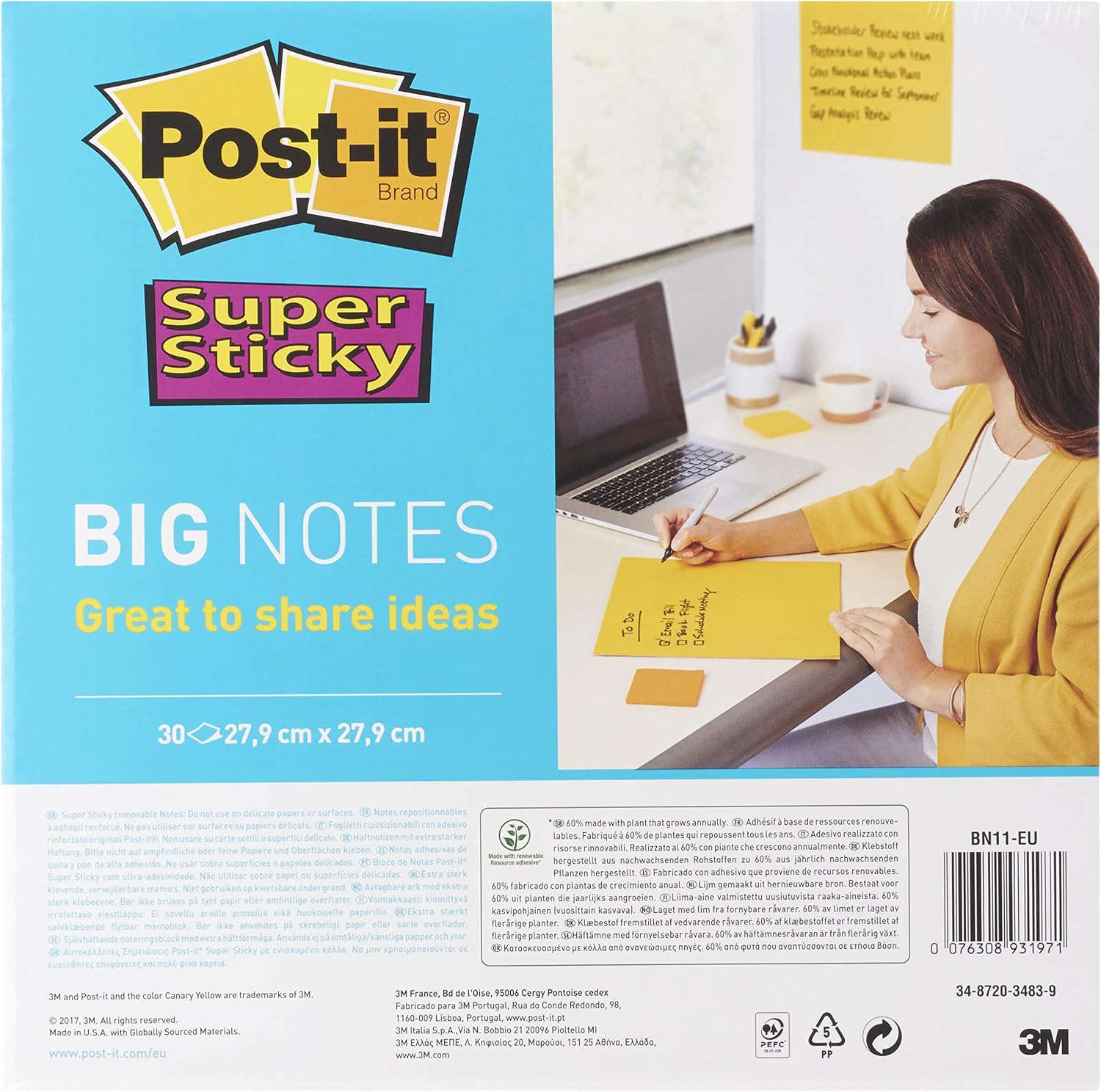 Thumbnail 6 de Post-it Super Sticky Meeting Notes – Pack mit 4 Blöcken, 45 Blatt/Block, 203 x 152 mm, Farben Grün, Pink, Gelb, Orange