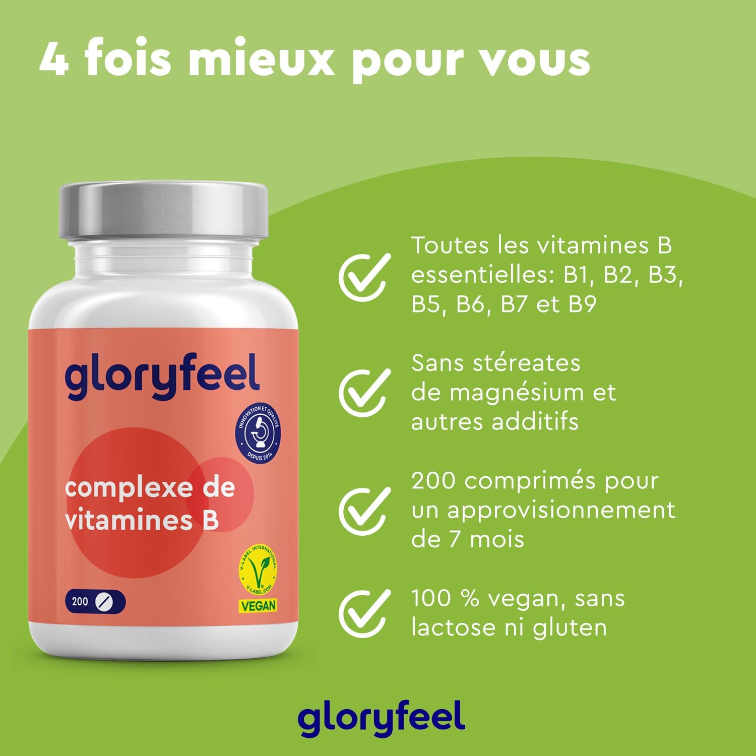 Detalle de Vitamine B Complex Gloryfeel – 200 comprimés végan, 8 vitamines B + 7 mois d’utilisation