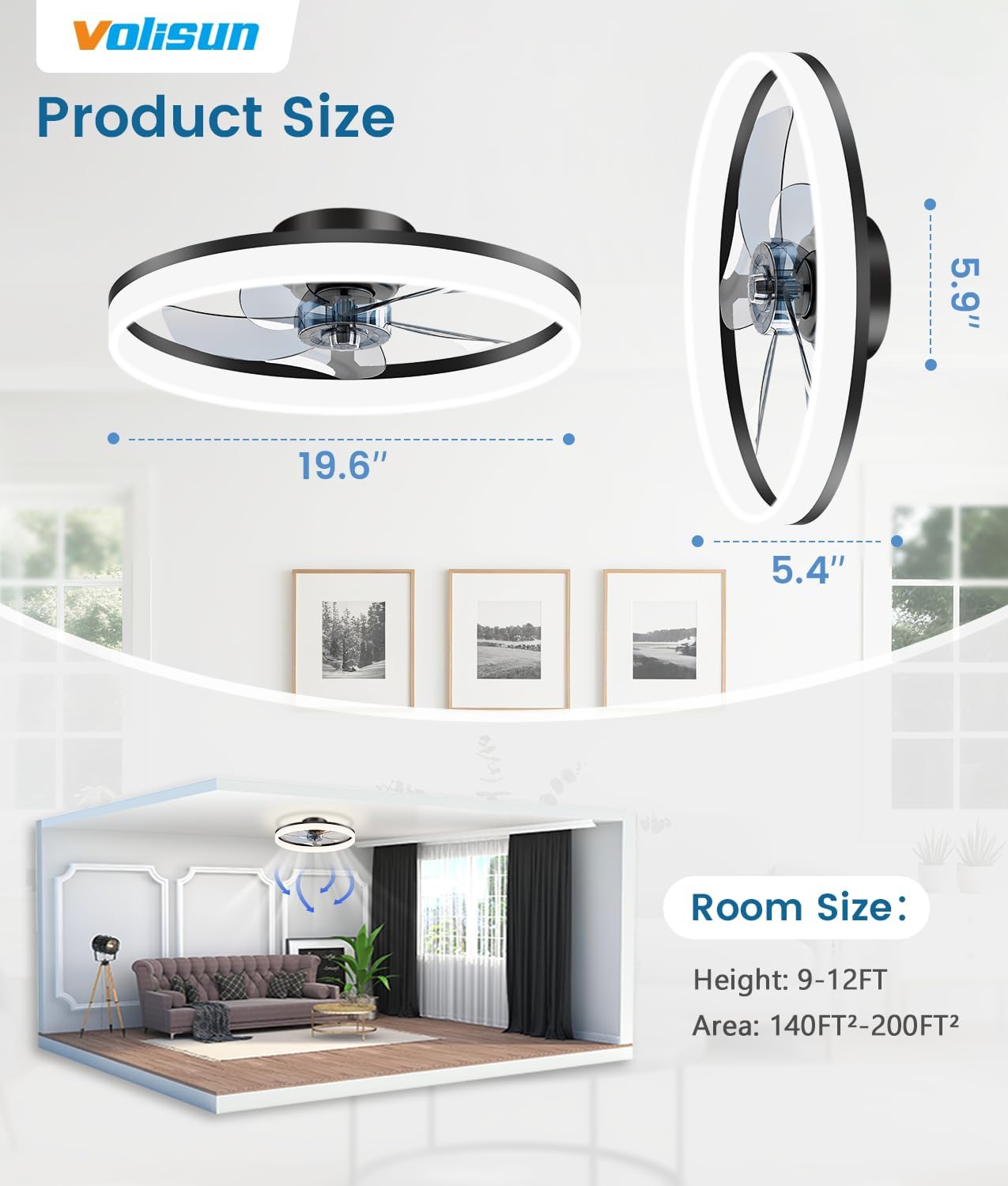 Detalle 2 de VOLISUN 8225C-3K 20-Inch Ceiling Fan with Dimmable LED Light and Remote